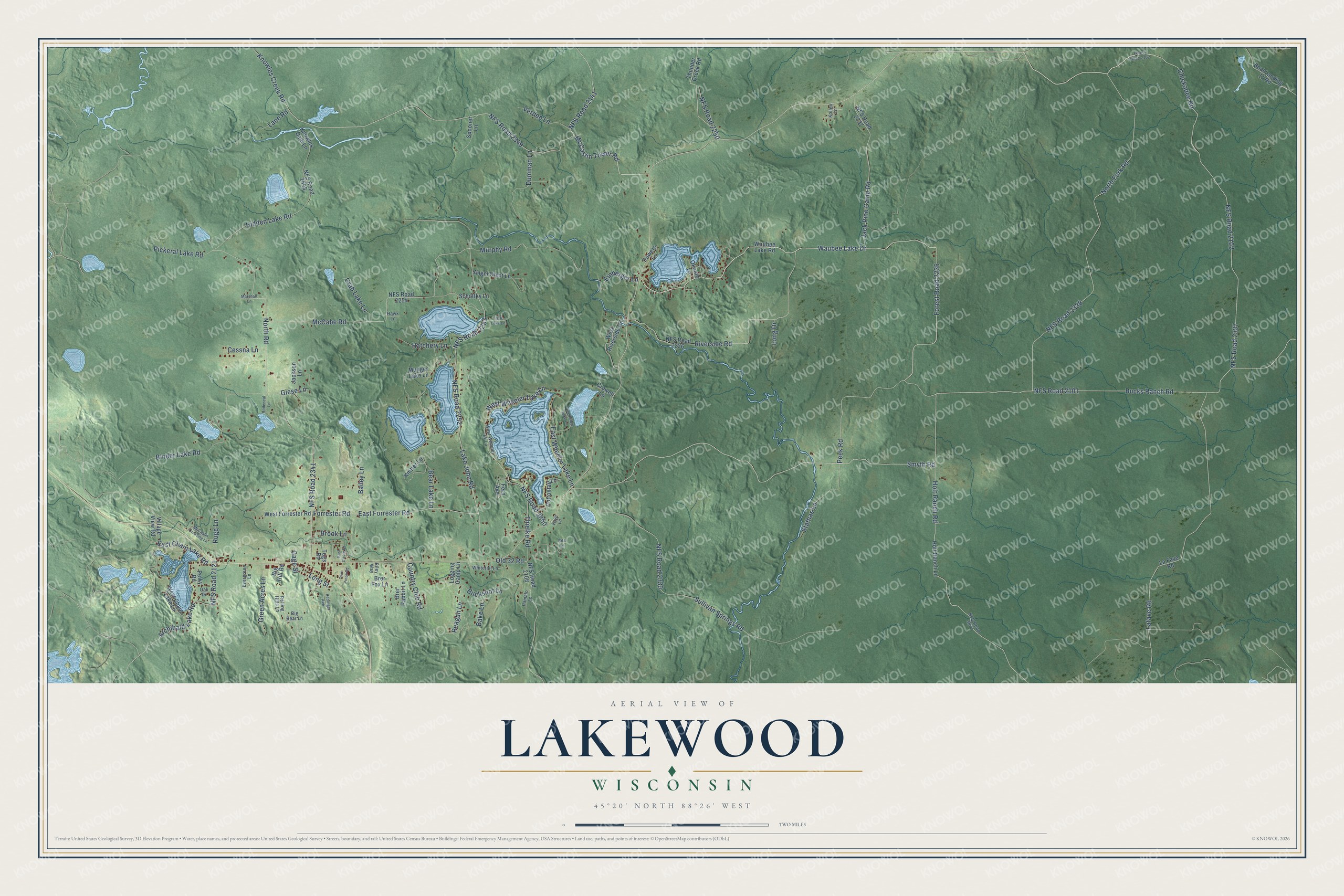 Full map of Lakewood, Wisconsin, with red buildings, printed street names and the land around them