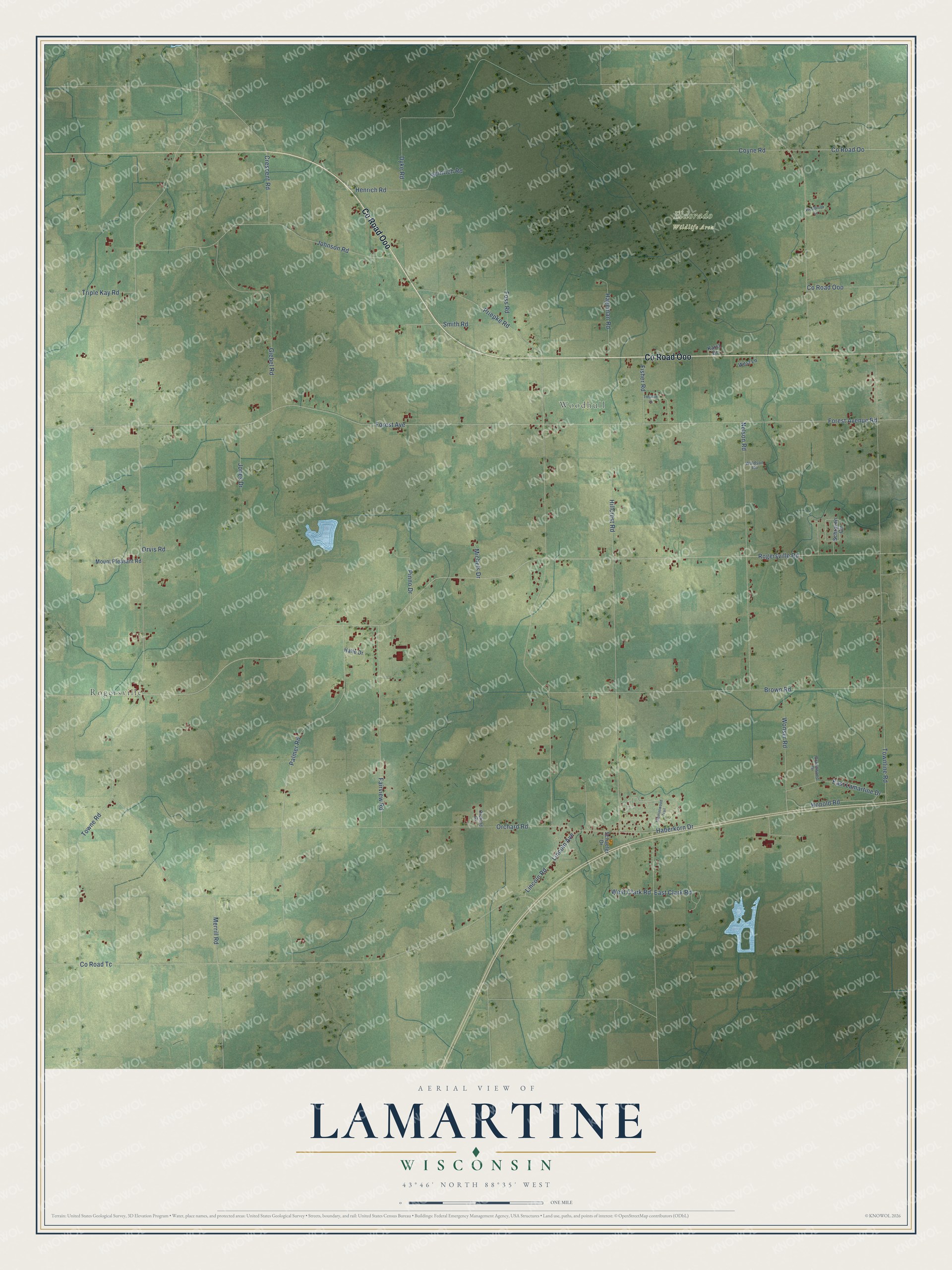 Full map of Lamartine, Wisconsin, with red buildings, printed street names and the land around them