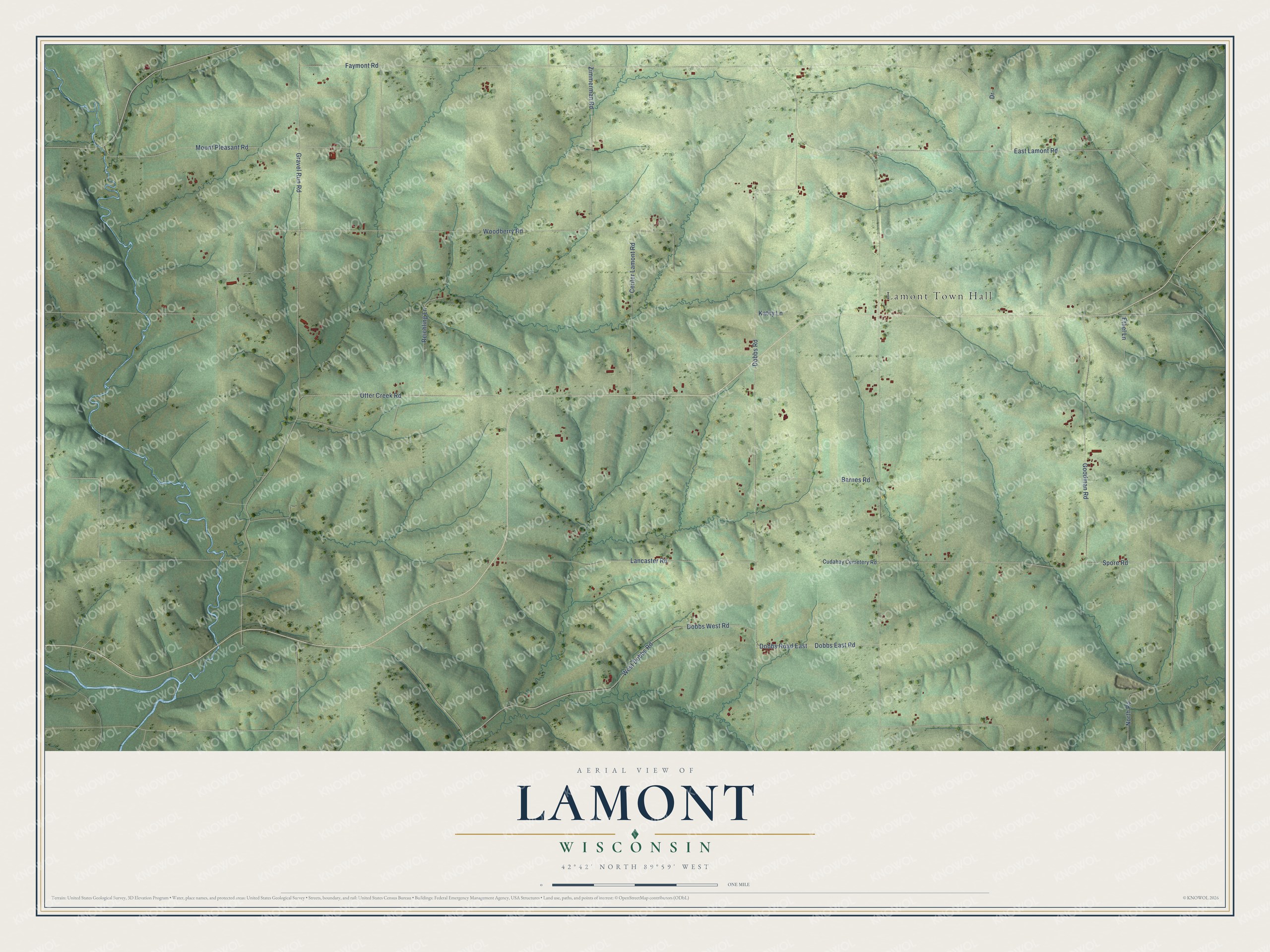 Full map of Lamont, Wisconsin, with red buildings, printed street names and the land around them