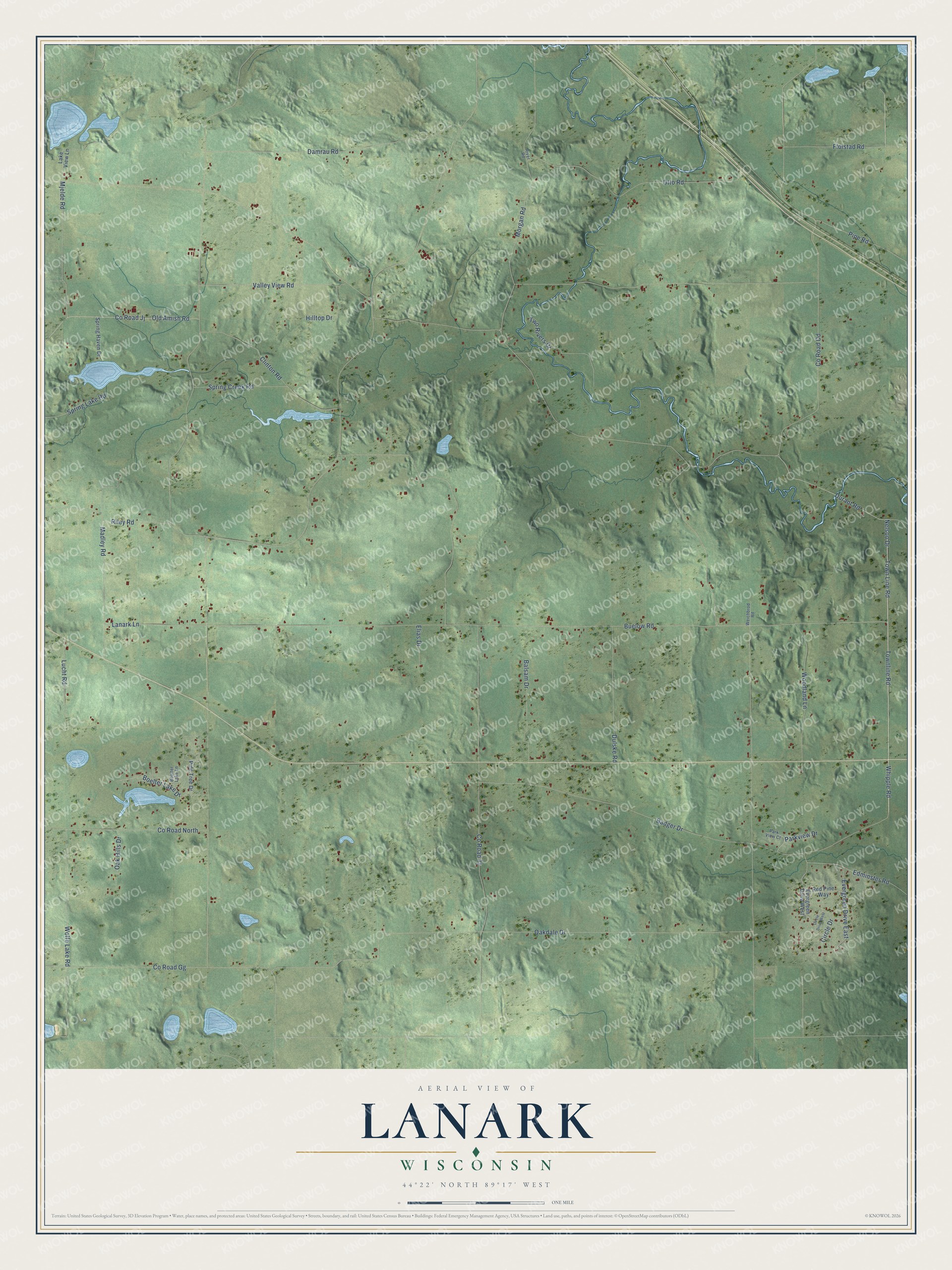 Full map of Lanark, Wisconsin, with red buildings, printed street names and the land around them
