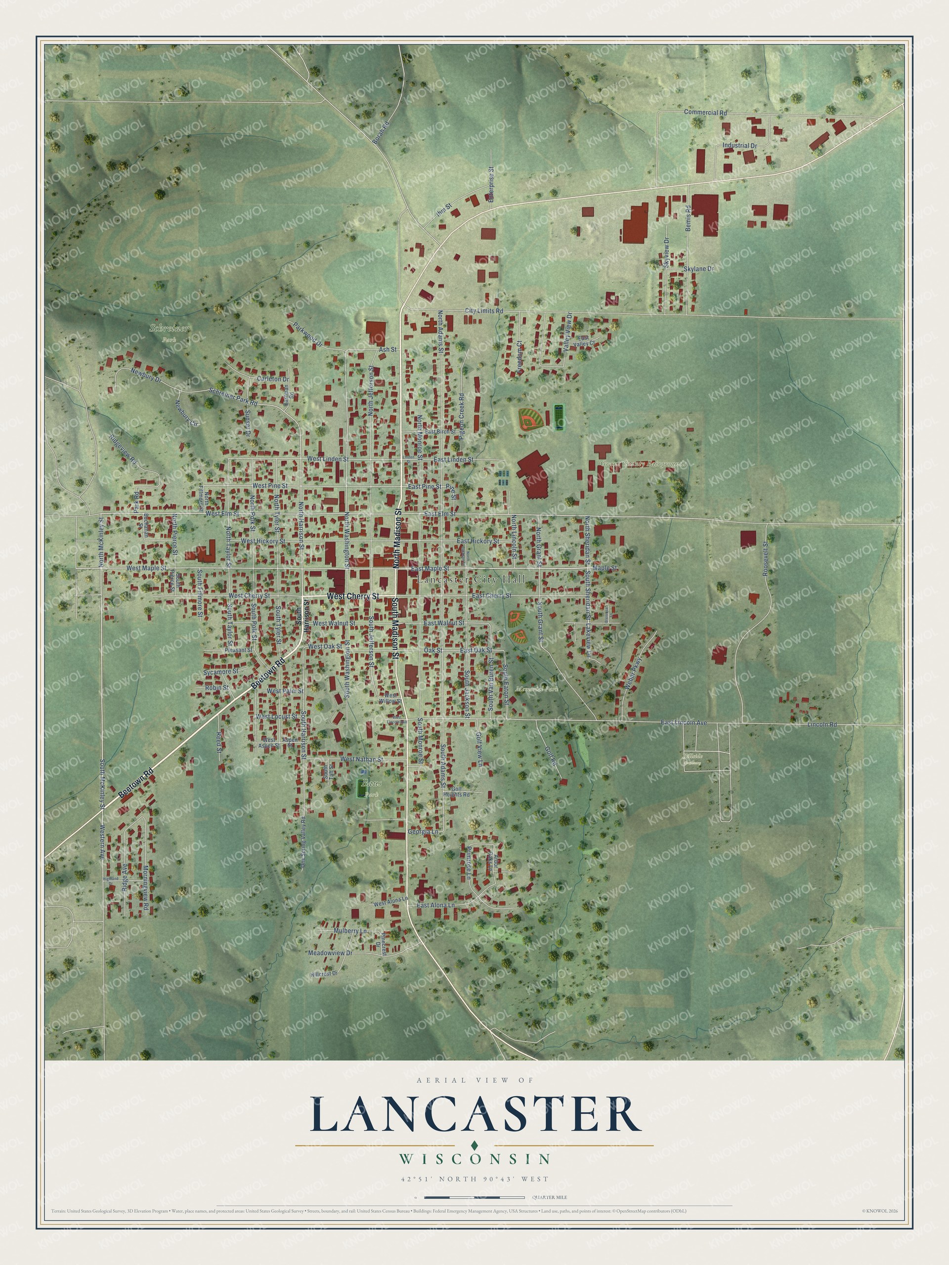 Full map of Lancaster, Wisconsin, with red buildings, printed street names and the land around them
