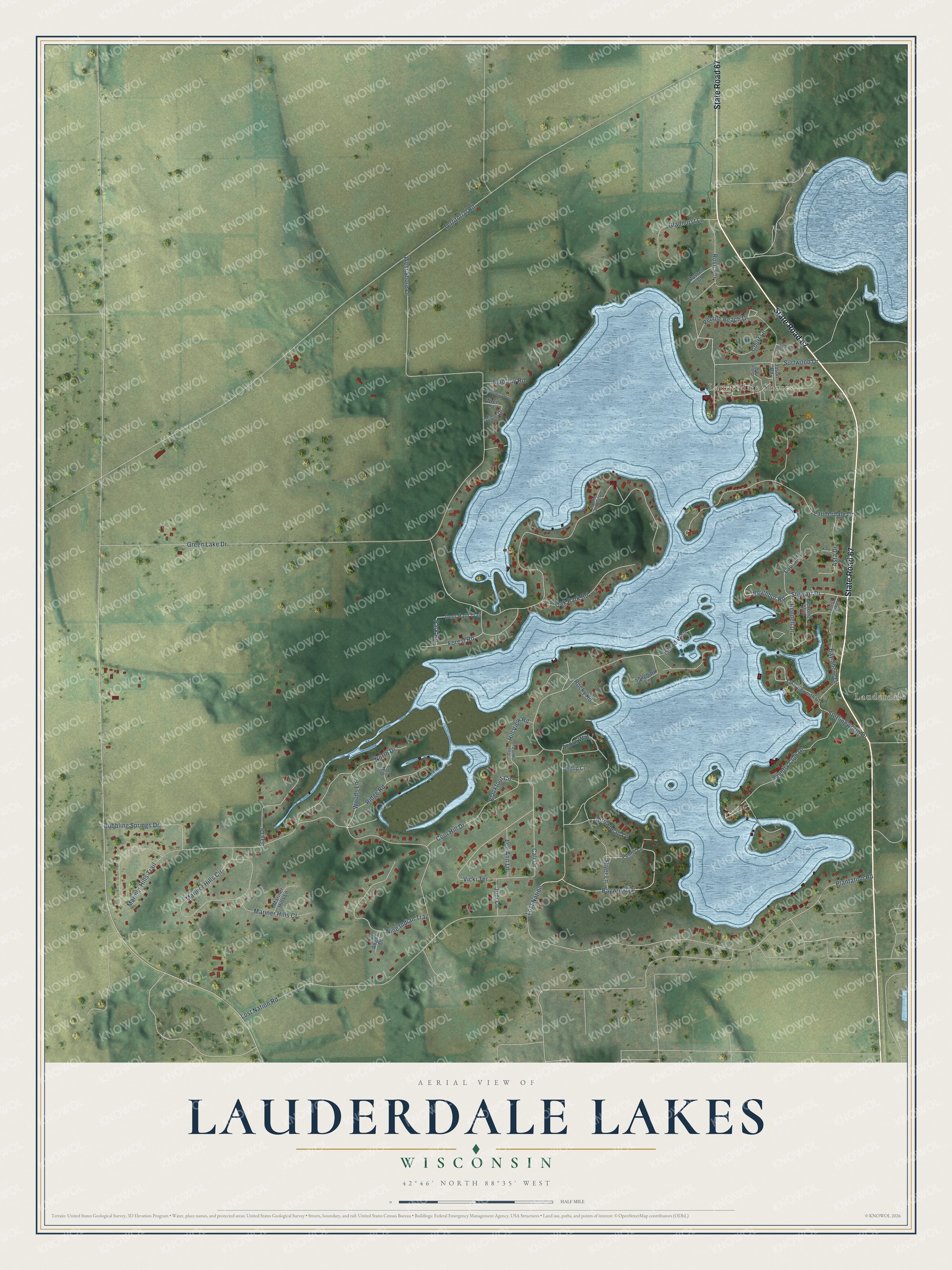 Watermarked full-map preview of Lauderdale Lakes, Wisconsin