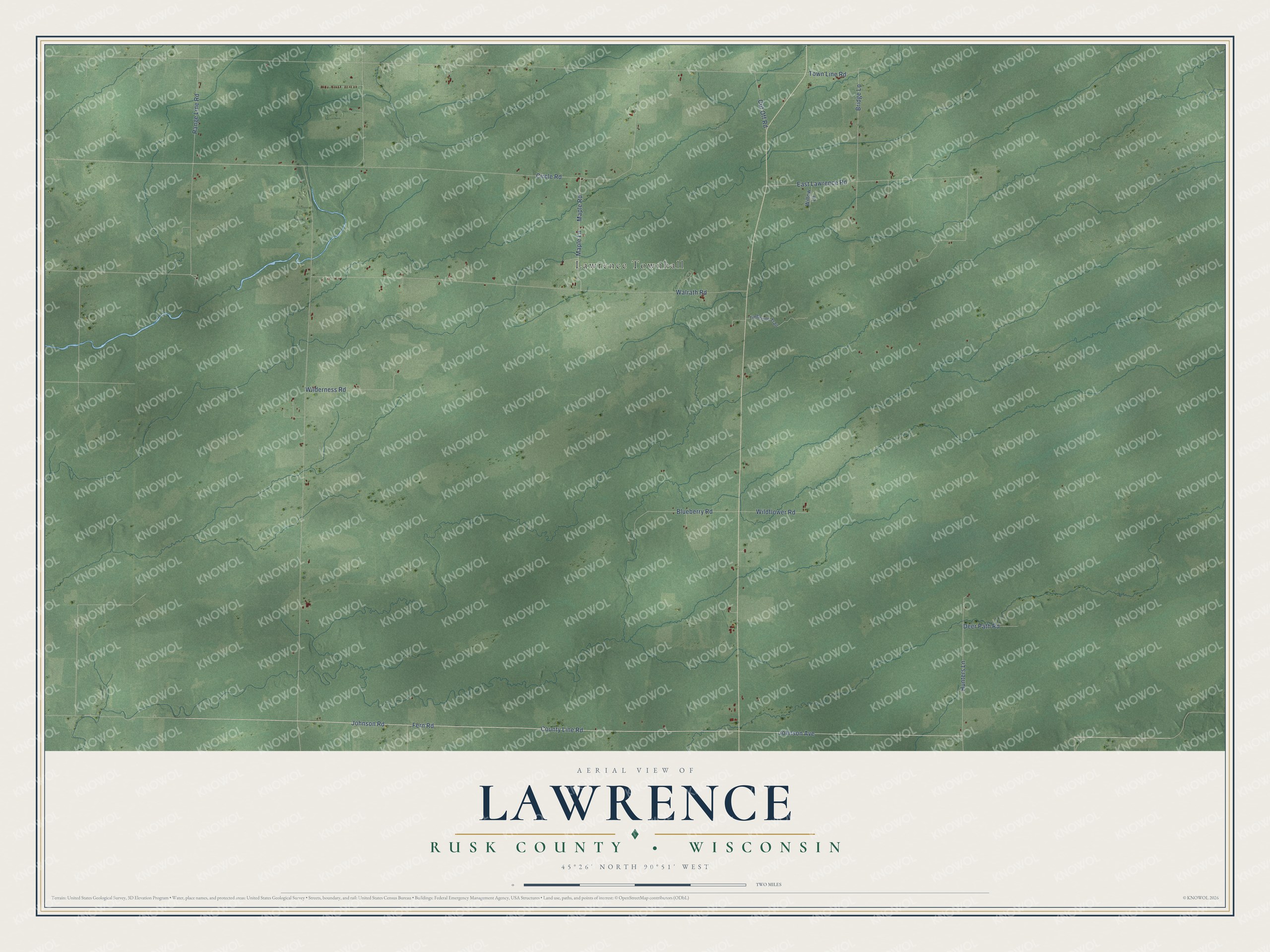 Full map of Lawrence, Wisconsin, with red buildings, printed street names and the land around them