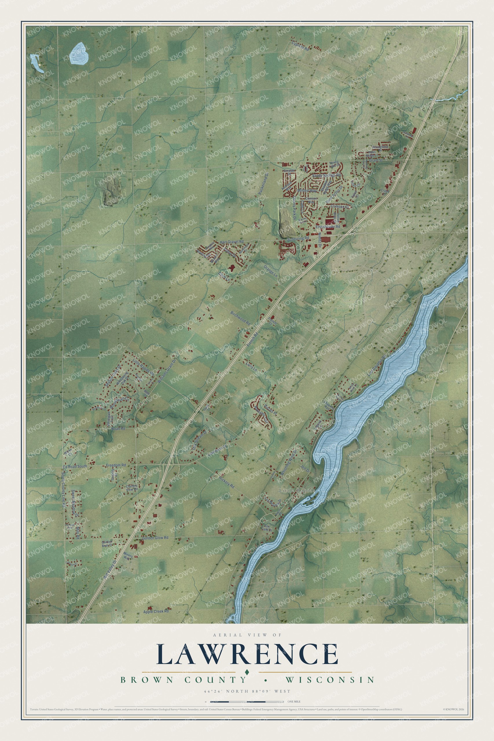 Full map of Lawrence, Wisconsin, with red buildings, printed street names and the land around them