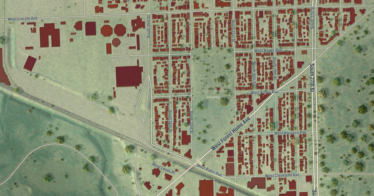 Close-up of streets and buildings in Layton Park, Wisconsin