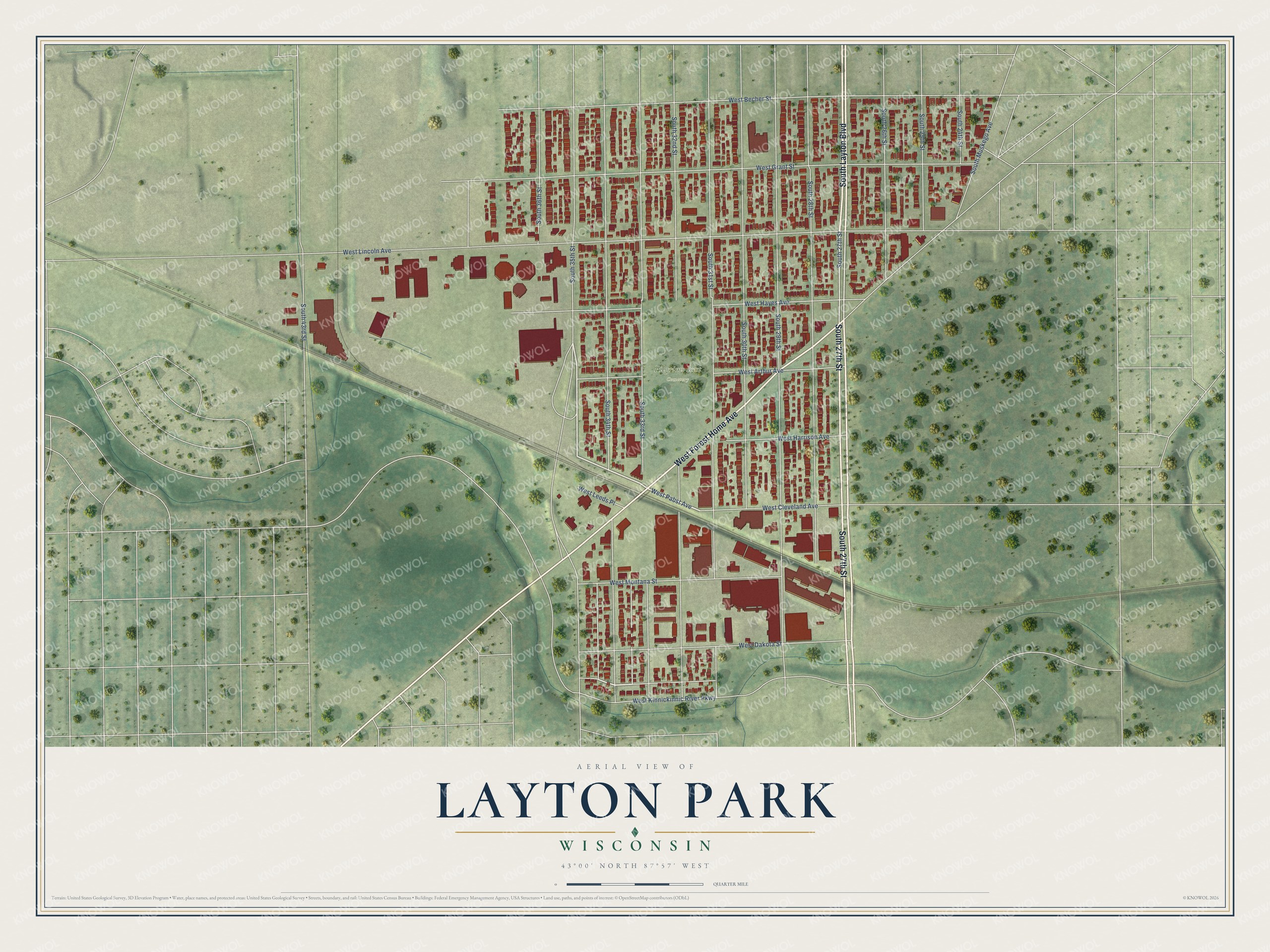 Full map of Layton Park, Wisconsin, with red buildings, printed street names and the land around them