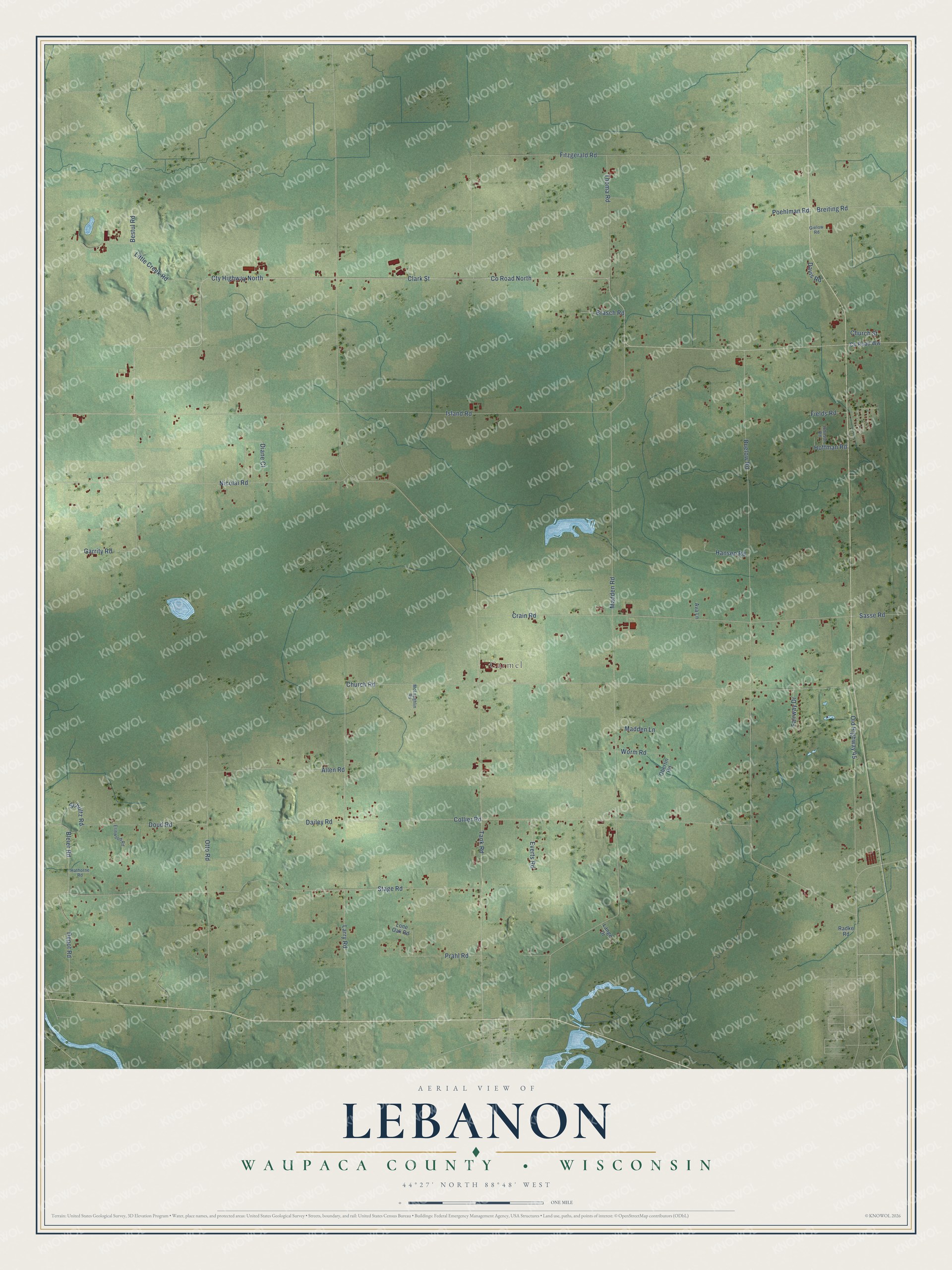 Full map of Lebanon, Wisconsin, with red buildings, printed street names and the land around them