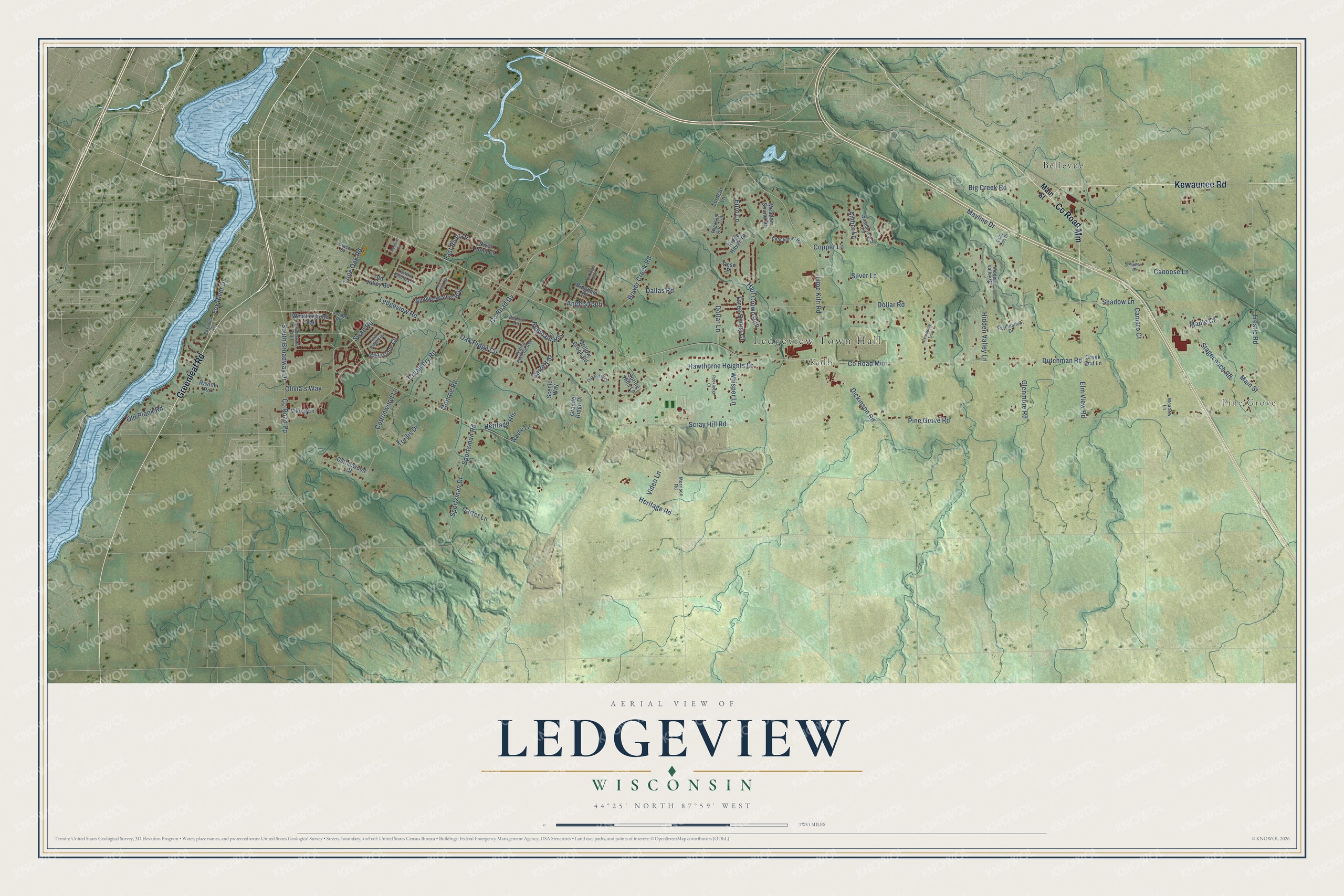 Full map of Ledgeview, Wisconsin, with red buildings, printed street names and the land around them