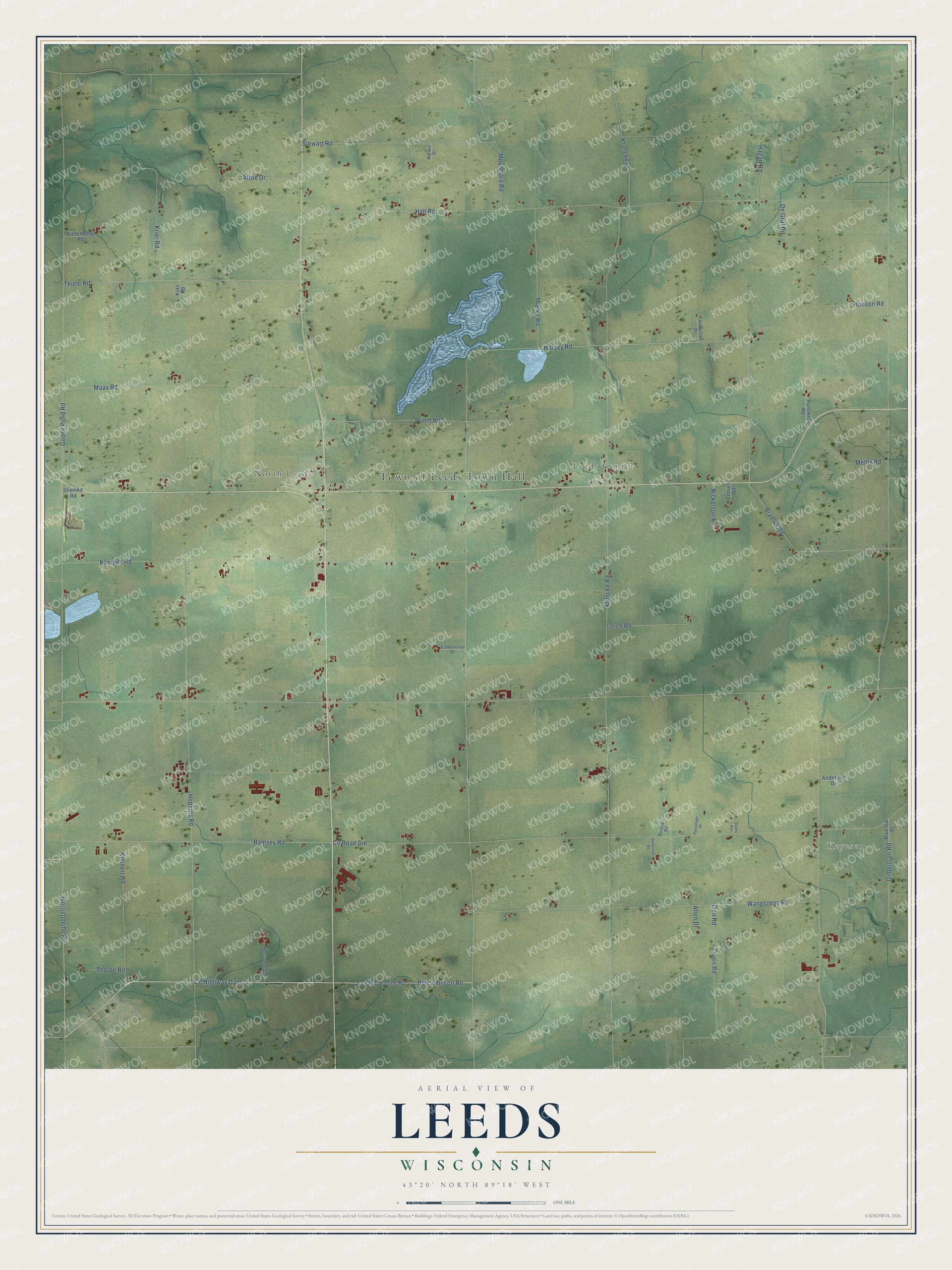 Full map of Leeds, Wisconsin, with red buildings, printed street names and the land around them