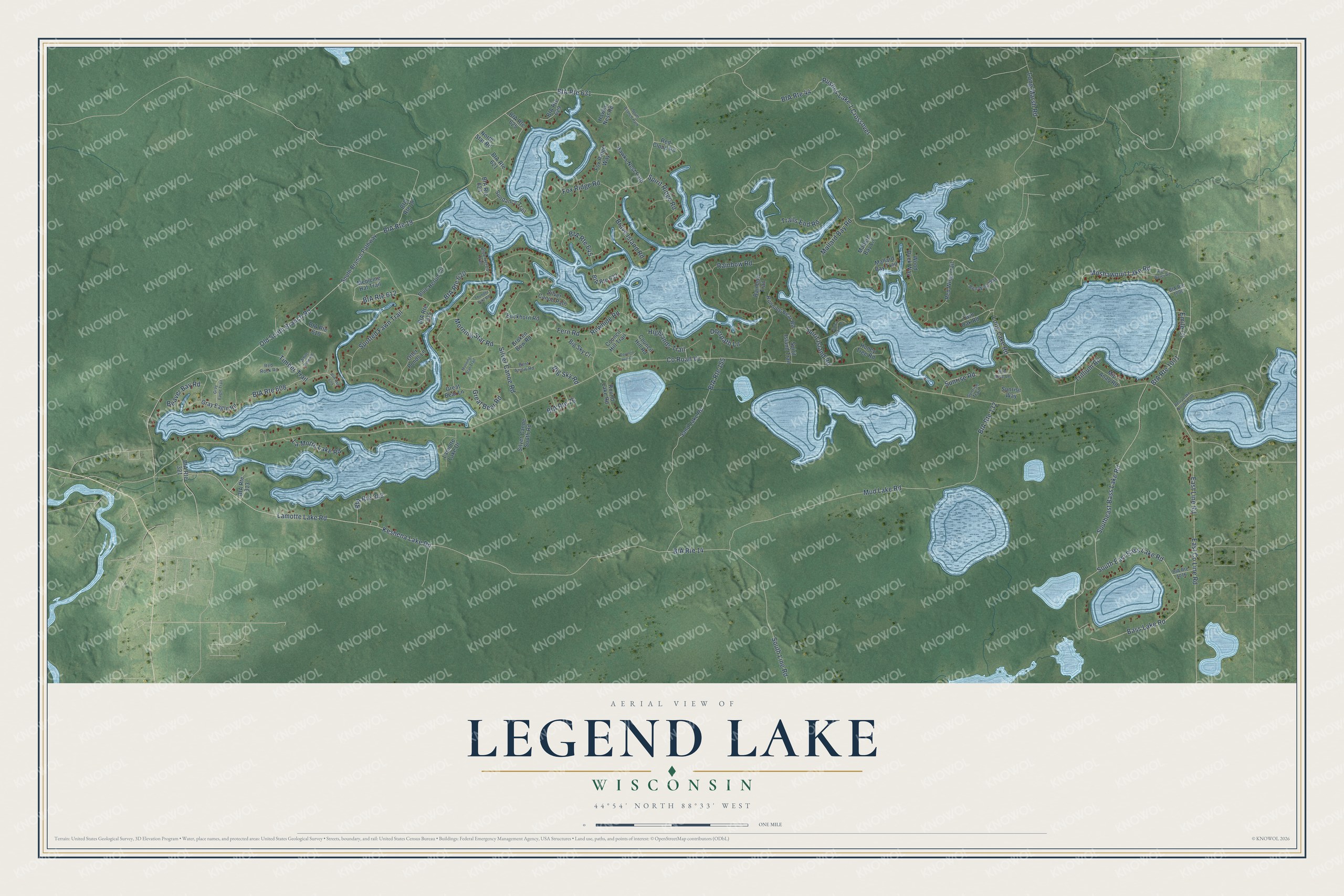 Full map of Legend Lake, Wisconsin, with red buildings, printed street names and the land around them
