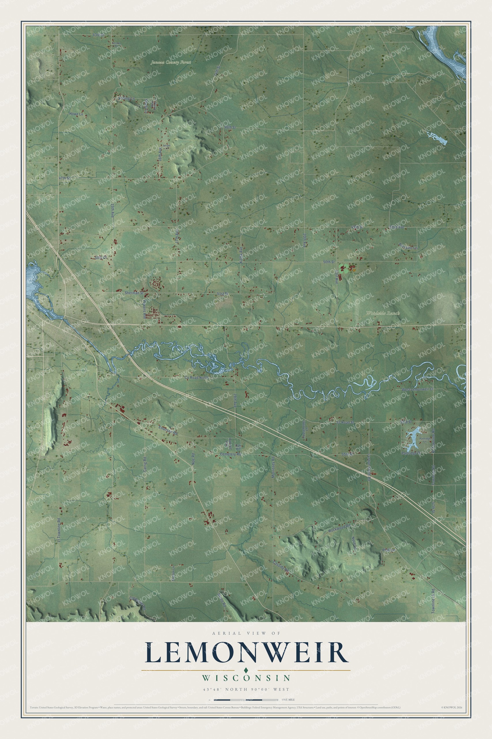 Full map of Lemonweir, Wisconsin, with red buildings, printed street names and the land around them