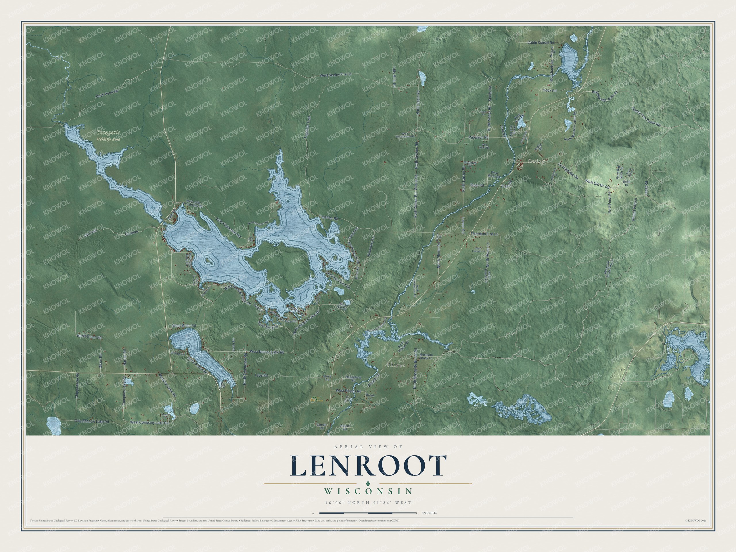 Full map of Lenroot, Wisconsin, with red buildings, printed street names and the land around them