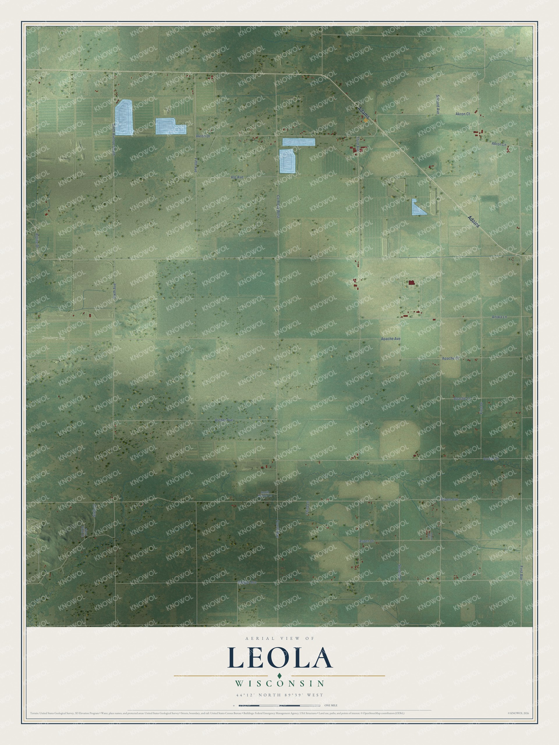 Full map of Leola, Wisconsin, with red buildings, printed street names and the land around them