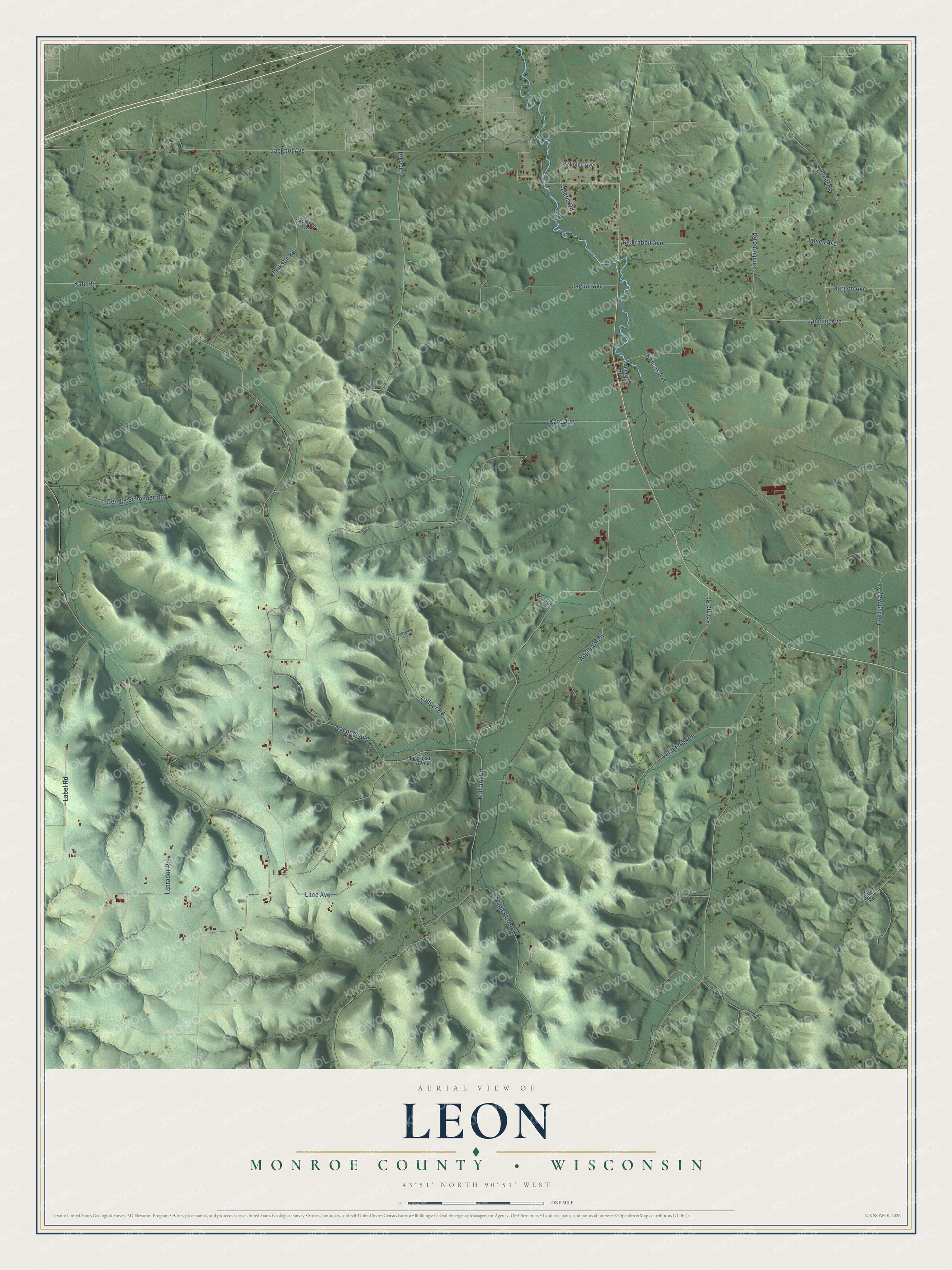 Full map of Leon, Wisconsin, with red buildings, printed street names and the land around them