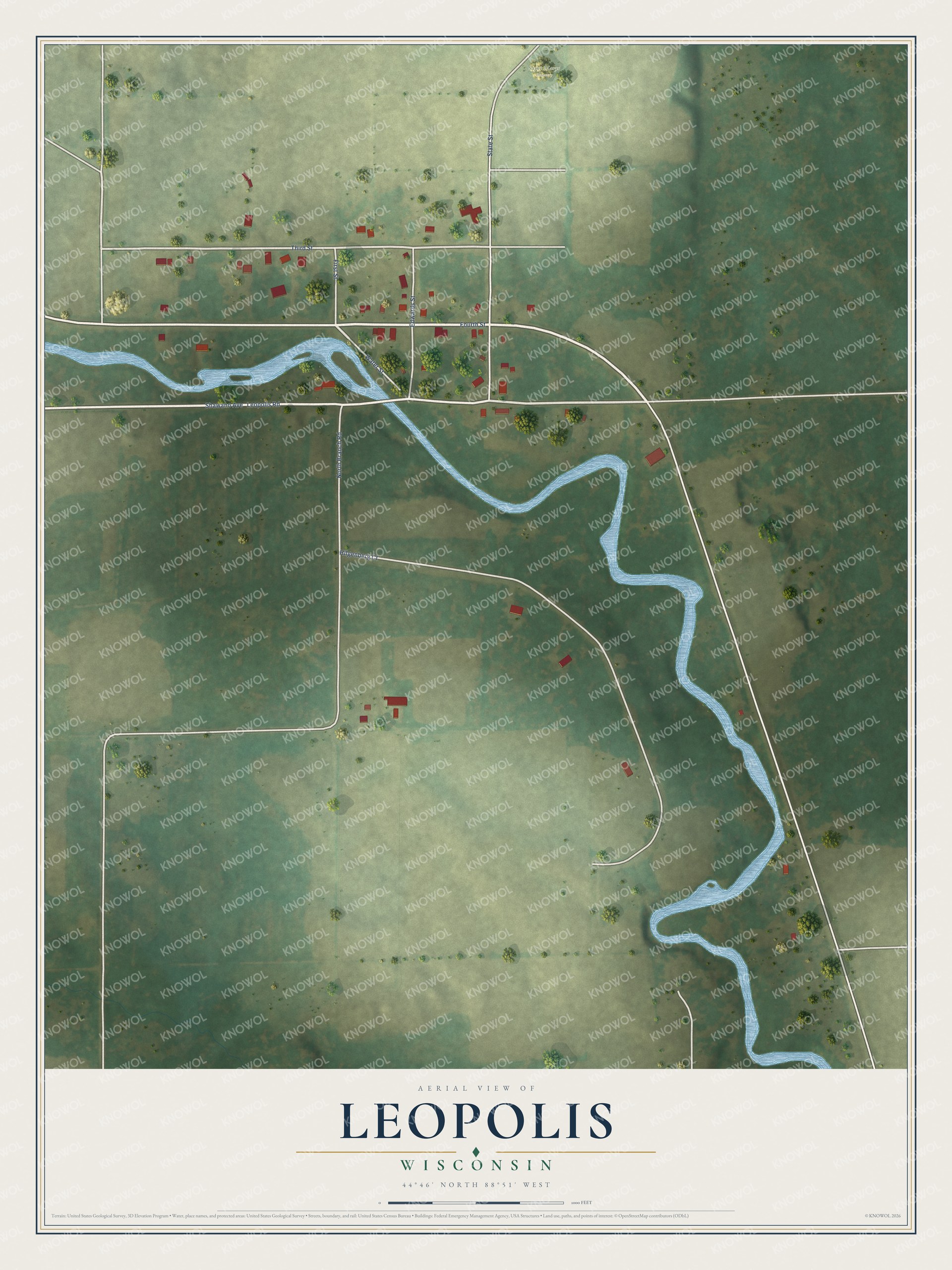 Full map of Leopolis, Wisconsin, with red buildings, printed street names and the land around them