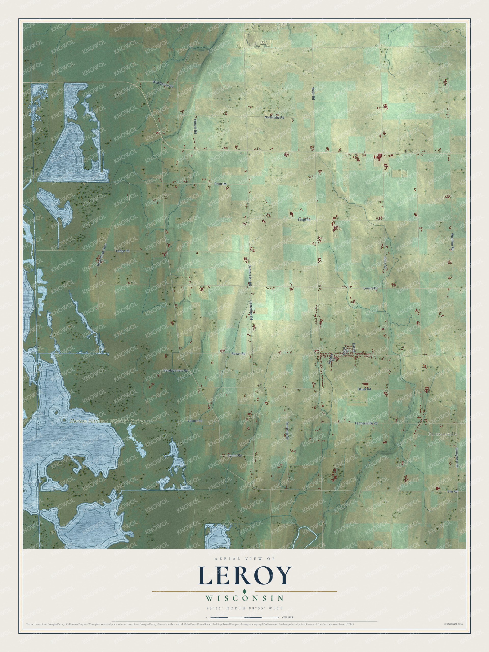 Full map of Leroy, Wisconsin, with red buildings, printed street names and the land around them