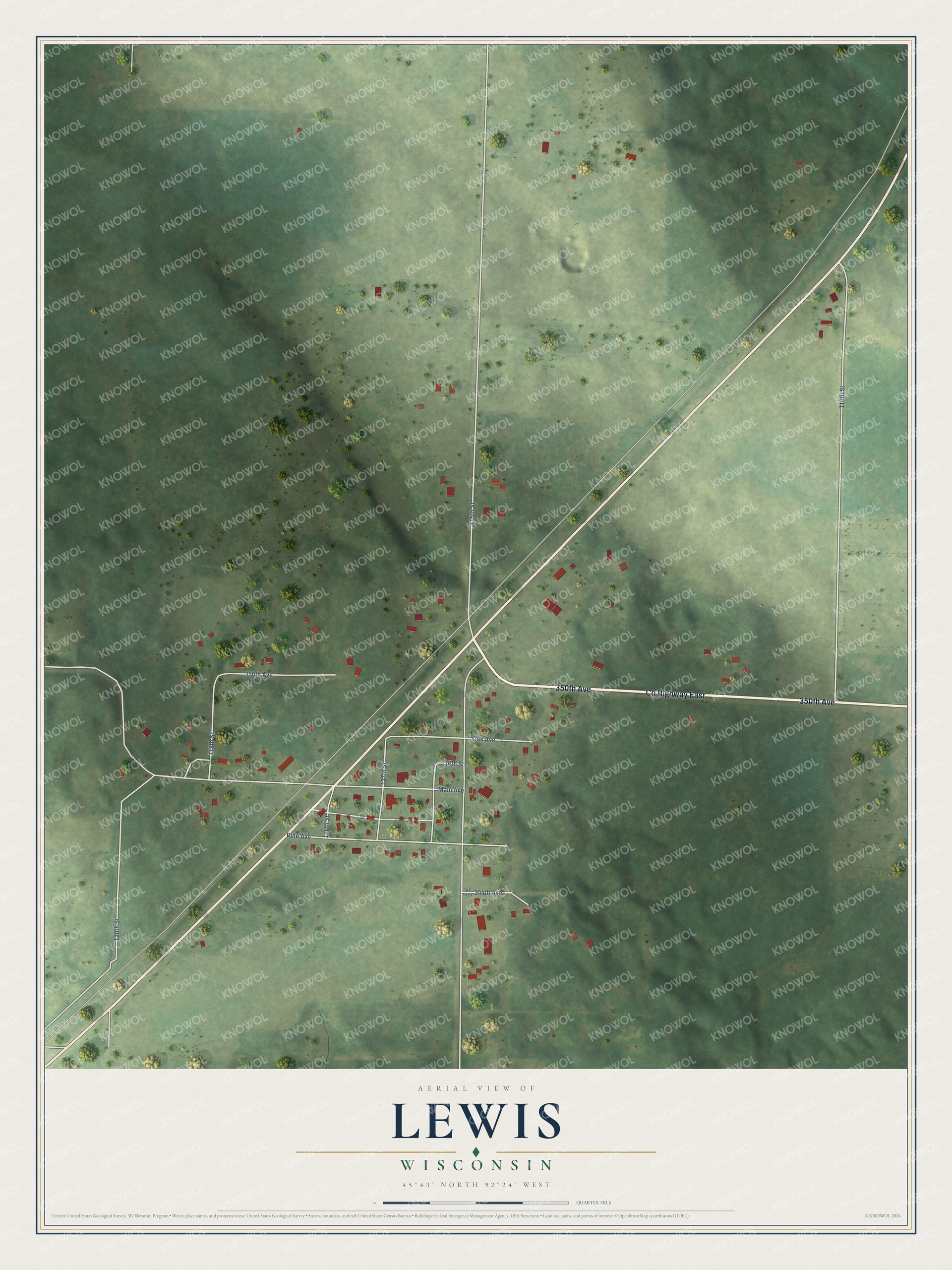 Full map of Lewis, Wisconsin, with red buildings, printed street names and the land around them