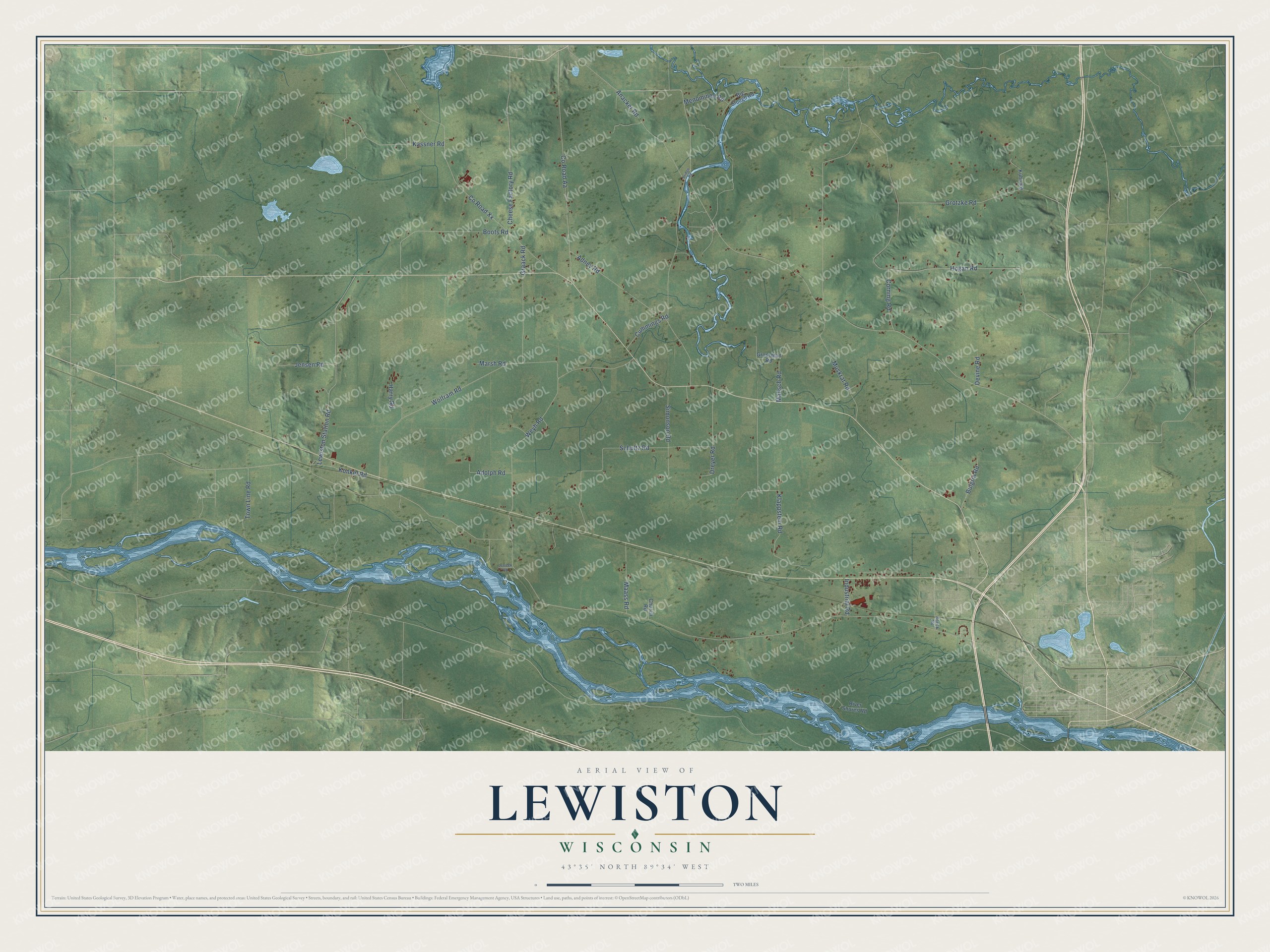 Full map of Lewiston, Wisconsin, with red buildings, printed street names and the land around them