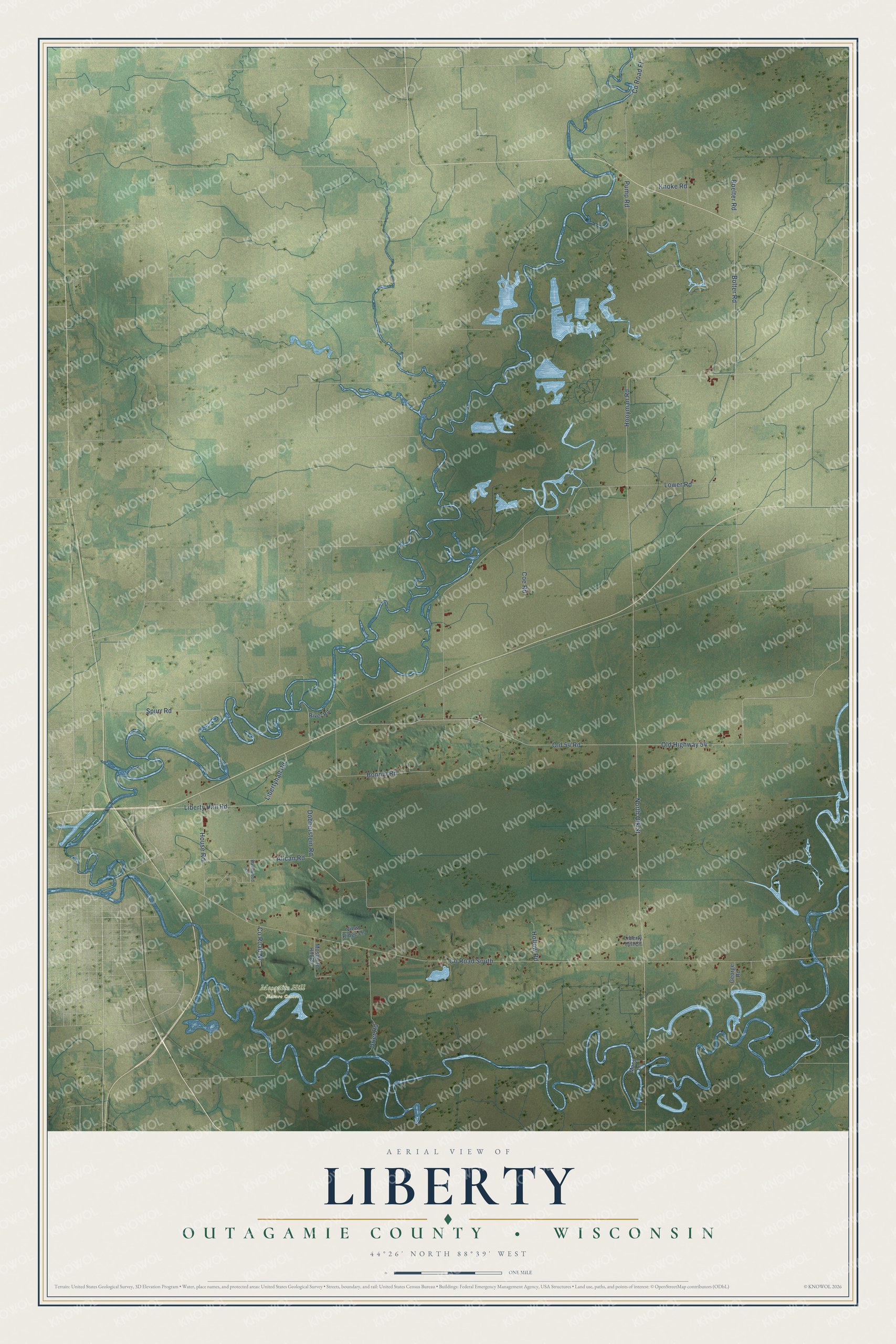 Full map of Liberty, Wisconsin, with red buildings, printed street names and the land around them