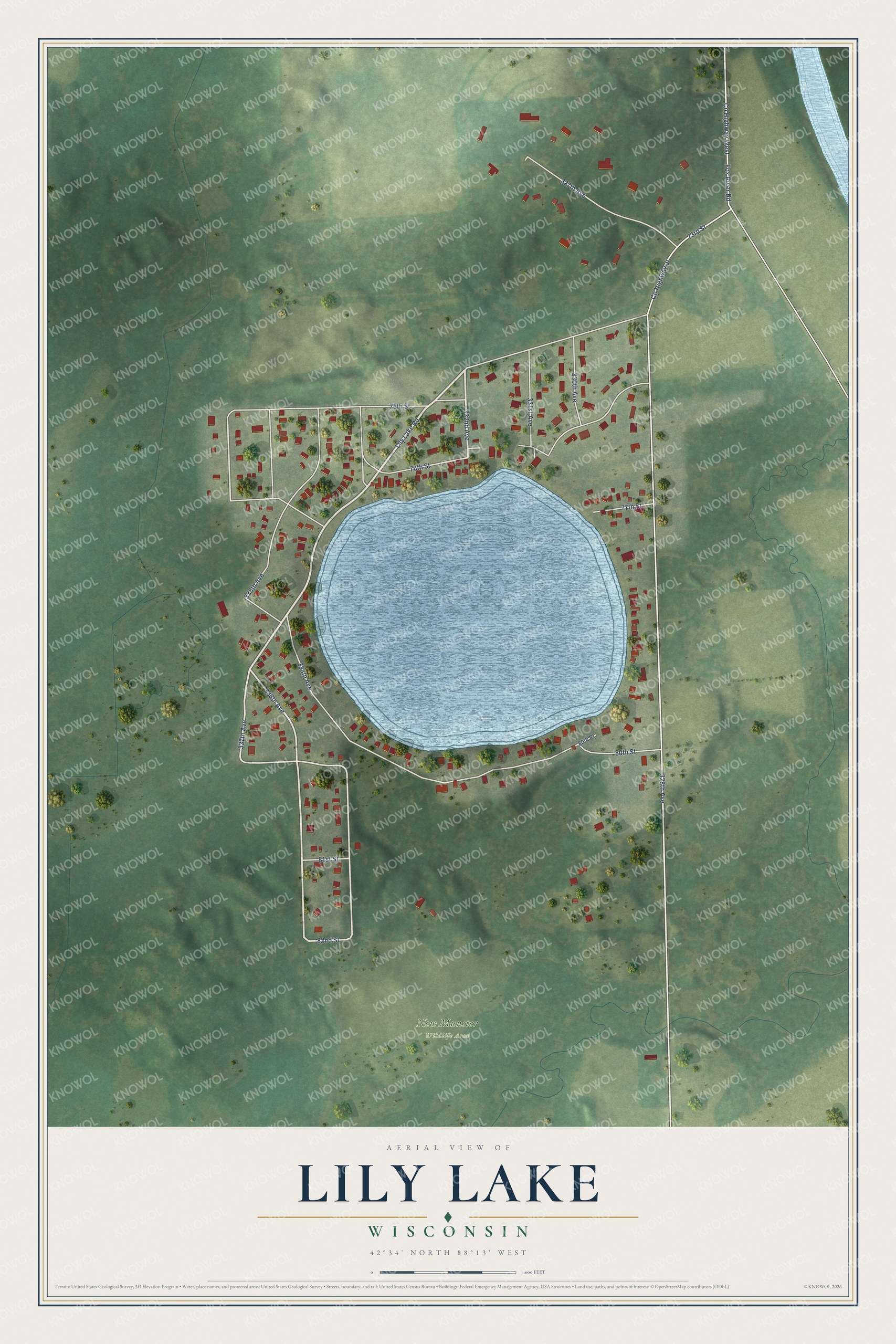 Full map of Lily Lake, Wisconsin, with red buildings, printed street names and the land around them
