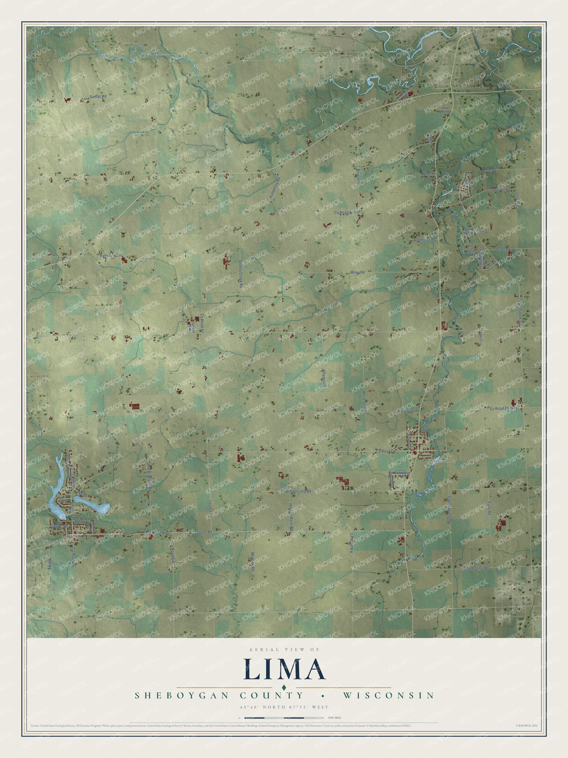 Full map of Lima, Wisconsin, with red buildings, printed street names and the land around them
