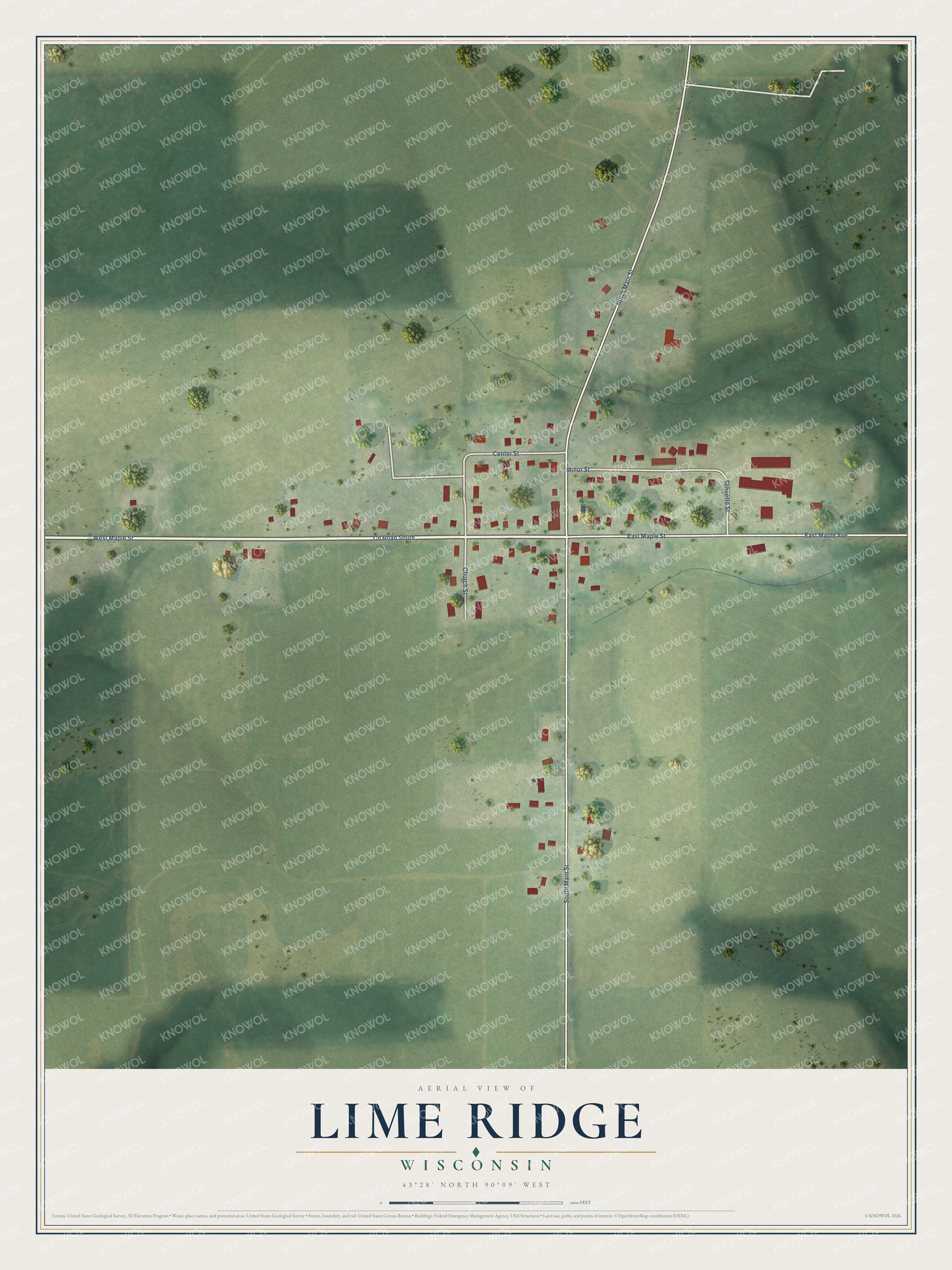Full map of Lime Ridge, Wisconsin, with red buildings, printed street names and the land around them