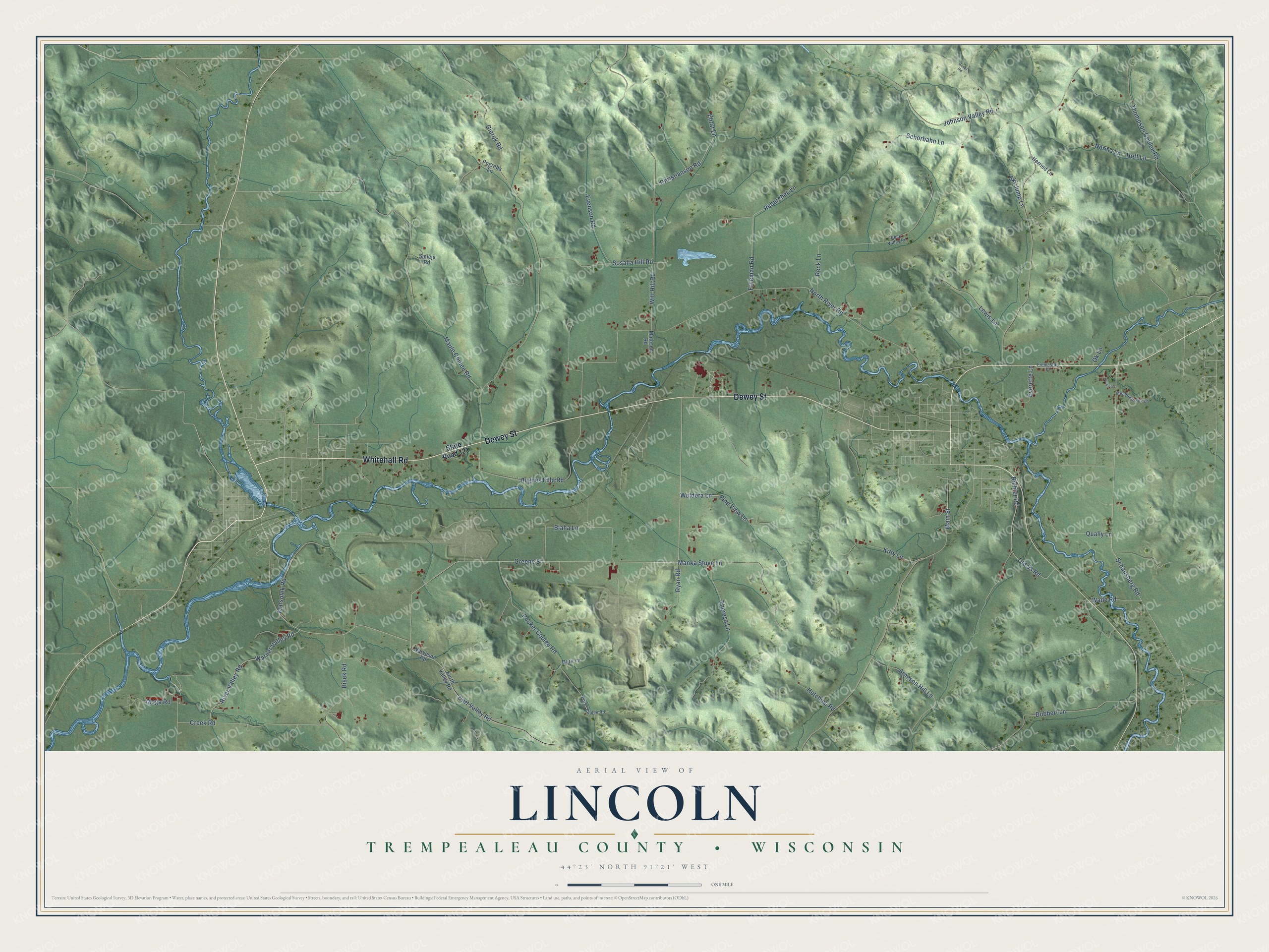 Full map of Lincoln, Wisconsin, with red buildings, printed street names and the land around them