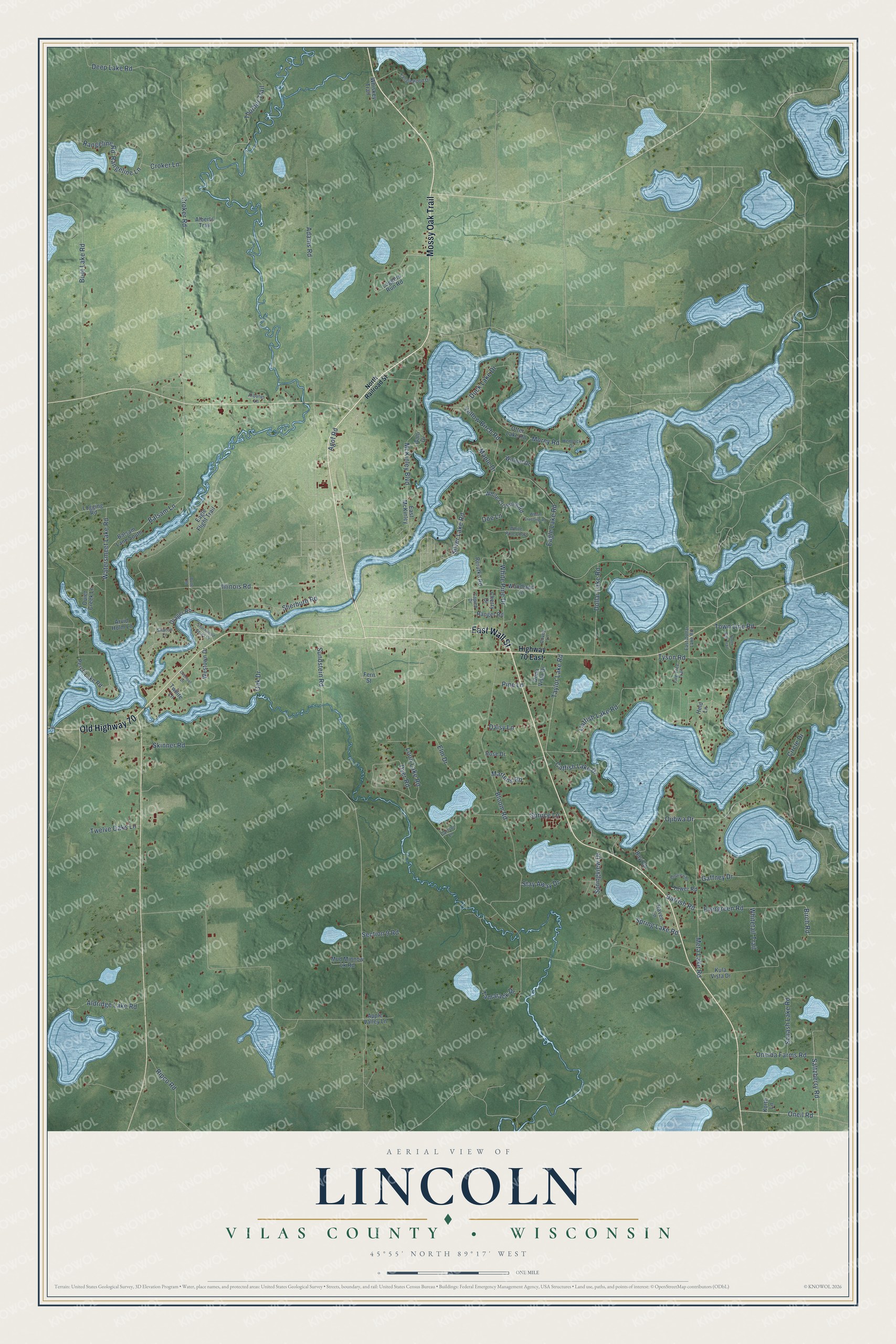 Full map of Lincoln, Wisconsin, with red buildings, printed street names and the land around them