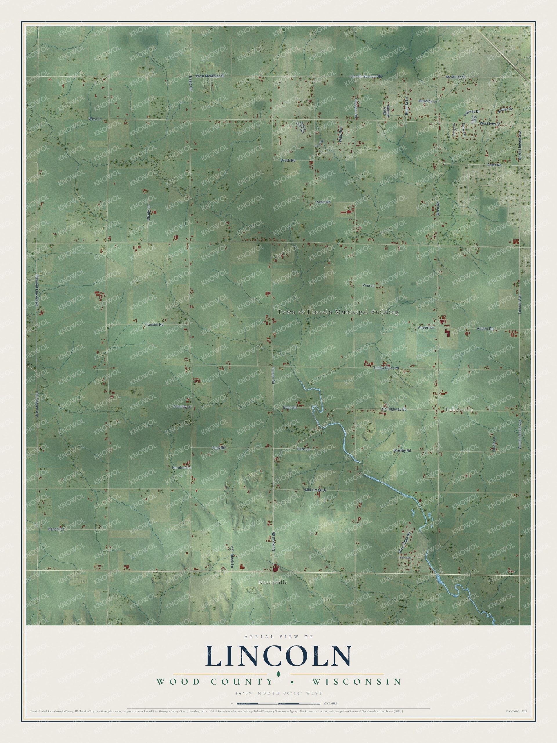 Full map of Lincoln, Wisconsin, with red buildings, printed street names and the land around them