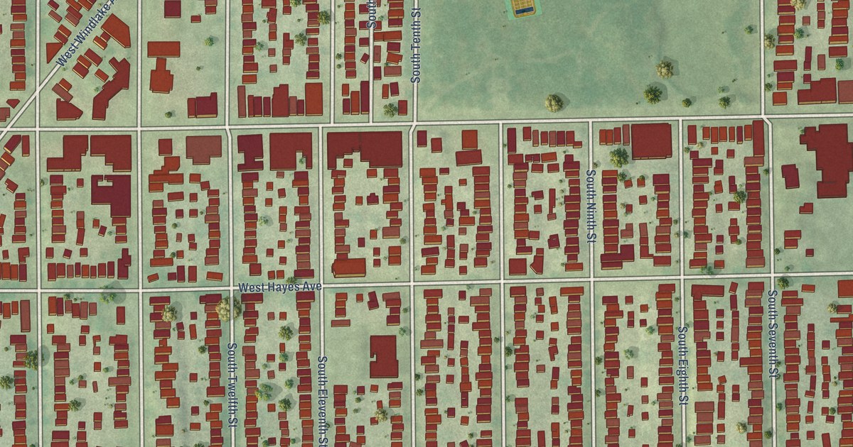 Close-up of streets and buildings in Lincoln Village, Wisconsin
