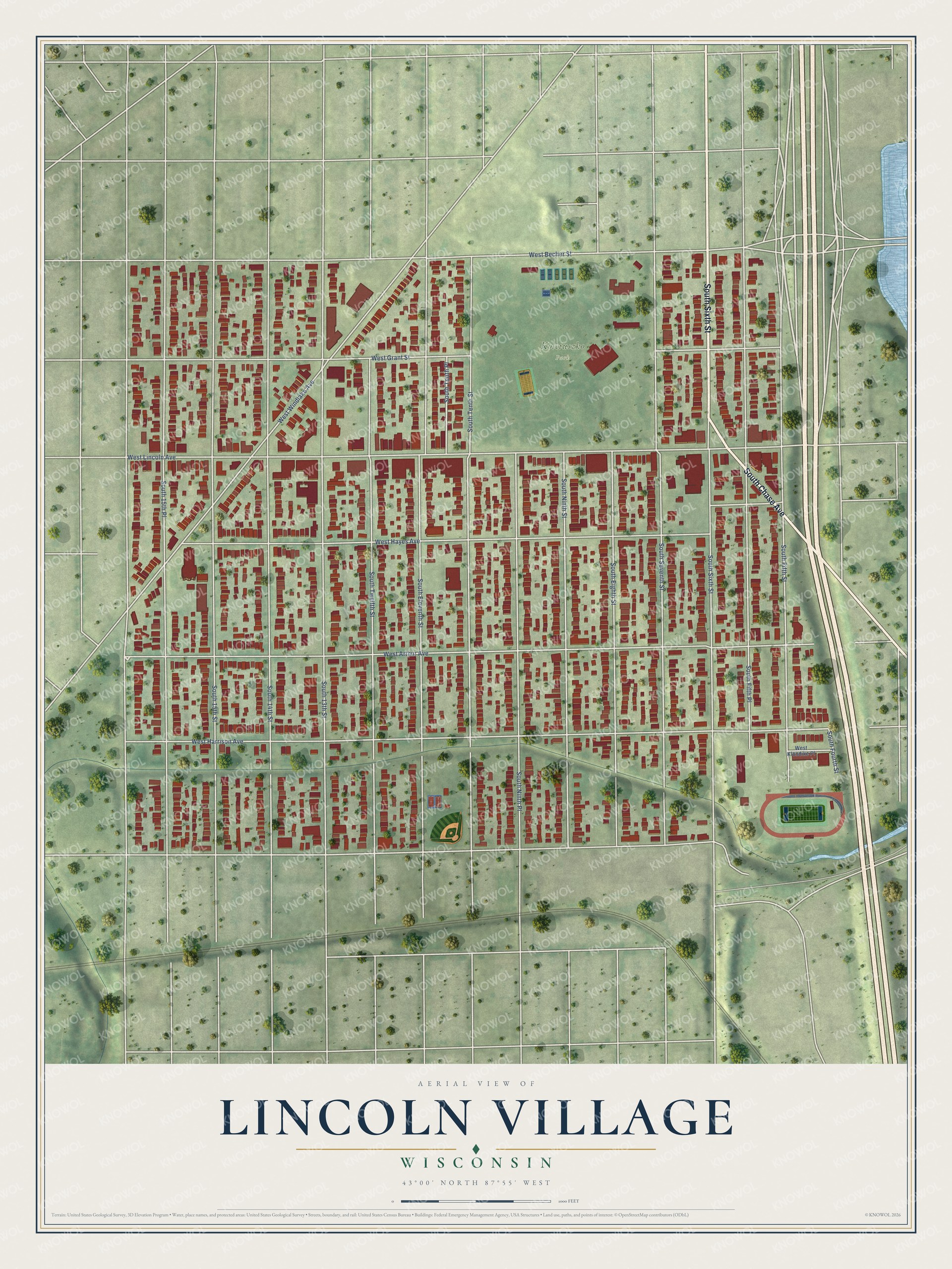 Full map of Lincoln Village, Wisconsin, with red buildings, printed street names and the land around them
