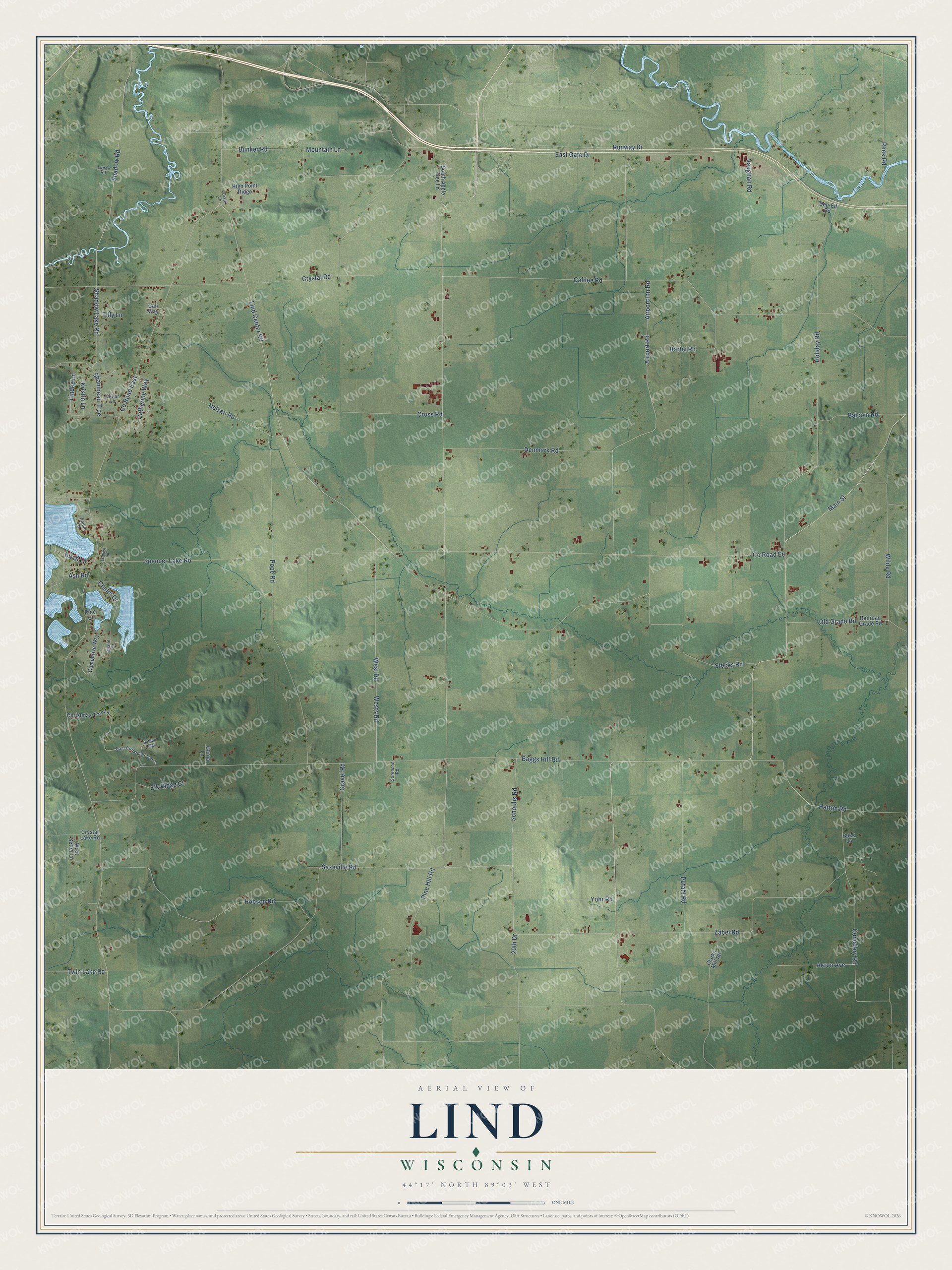 Full map of Lind, Wisconsin, with red buildings, printed street names and the land around them