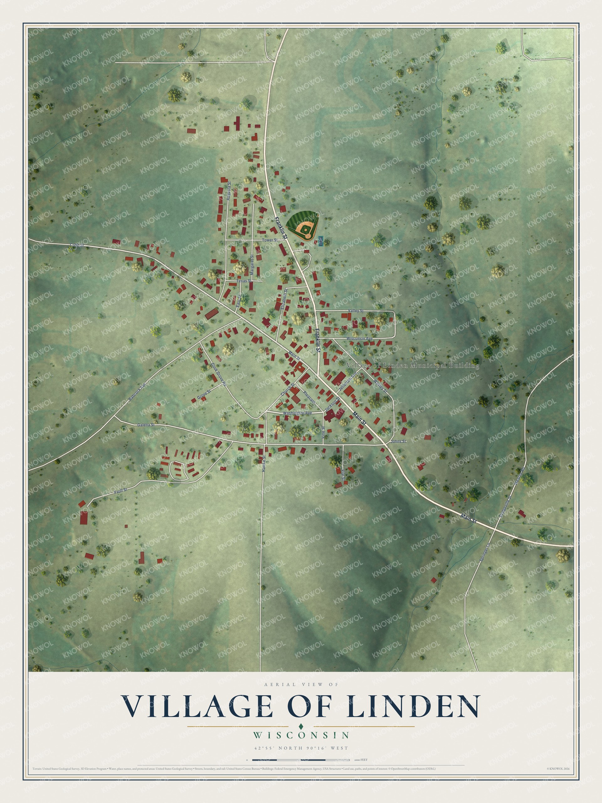 Full map of Linden, Wisconsin, with red buildings, printed street names and the land around them