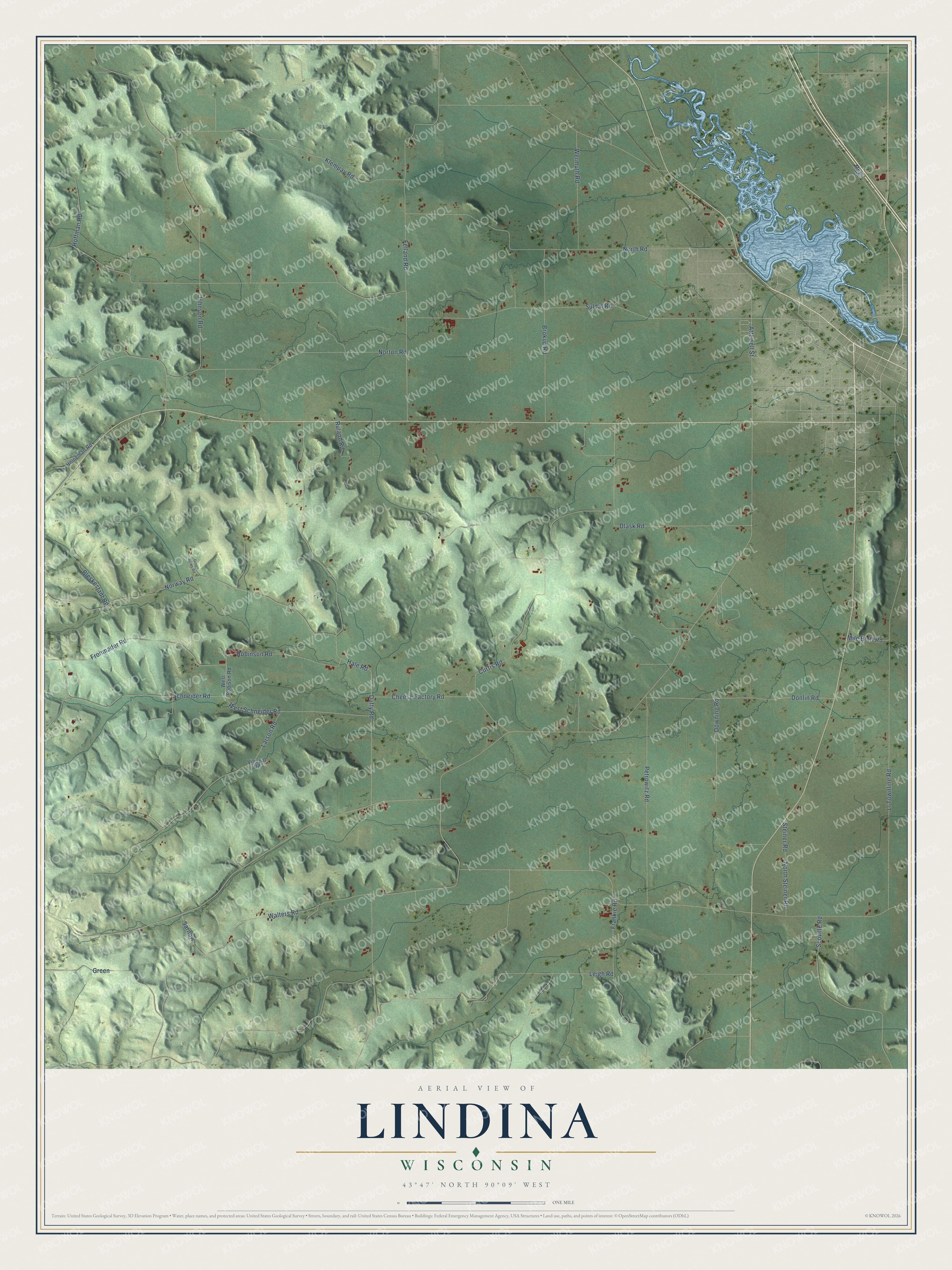 Full map of Lindina, Wisconsin, with red buildings, printed street names and the land around them