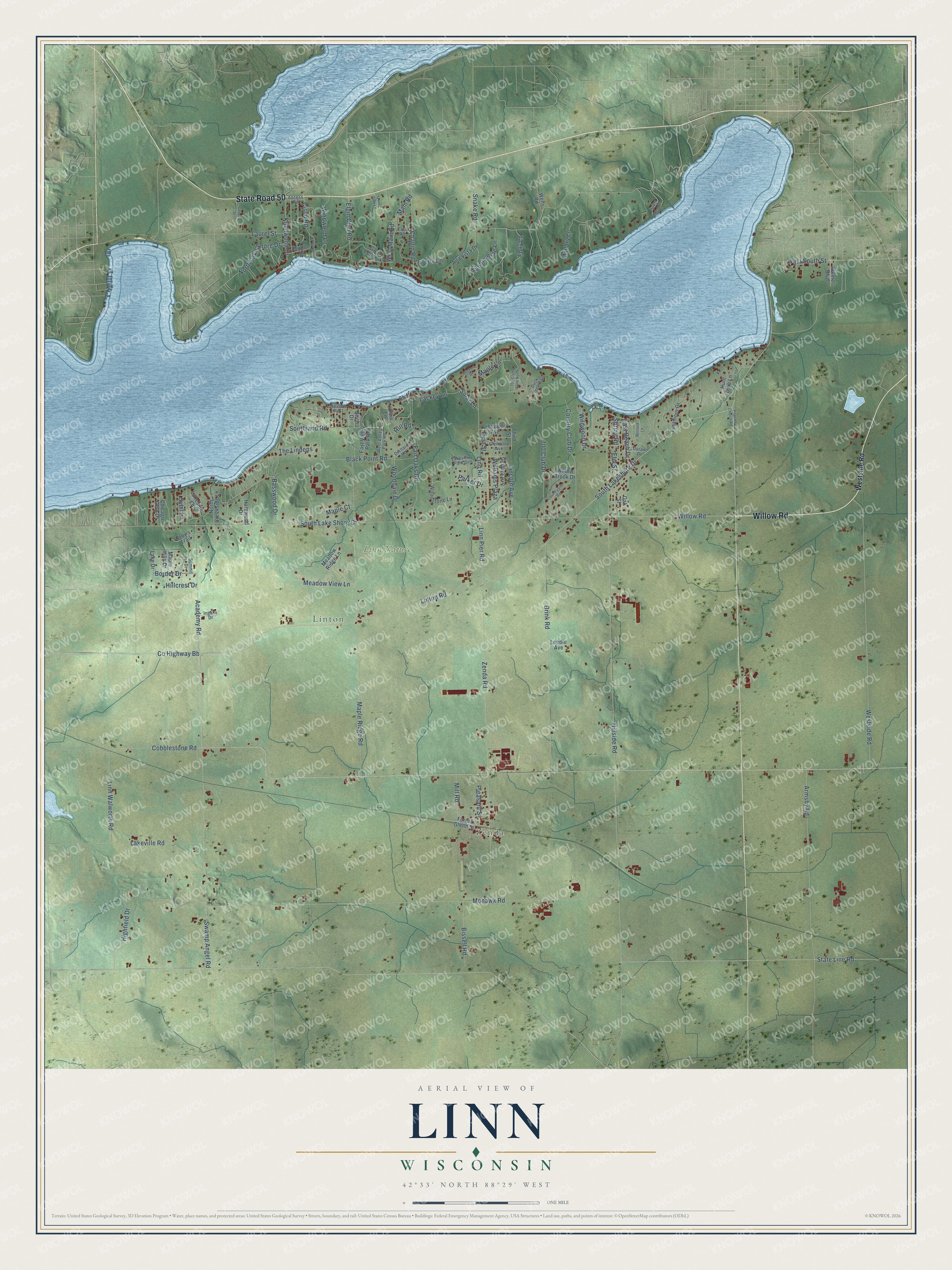 Full map of Linn, Wisconsin, with red buildings, printed street names and the land around them