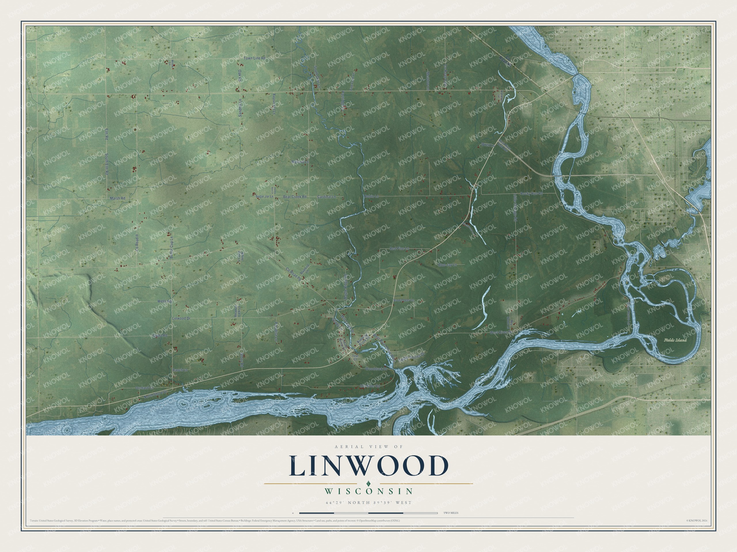 Full map of Linwood, Wisconsin, with red buildings, printed street names and the land around them