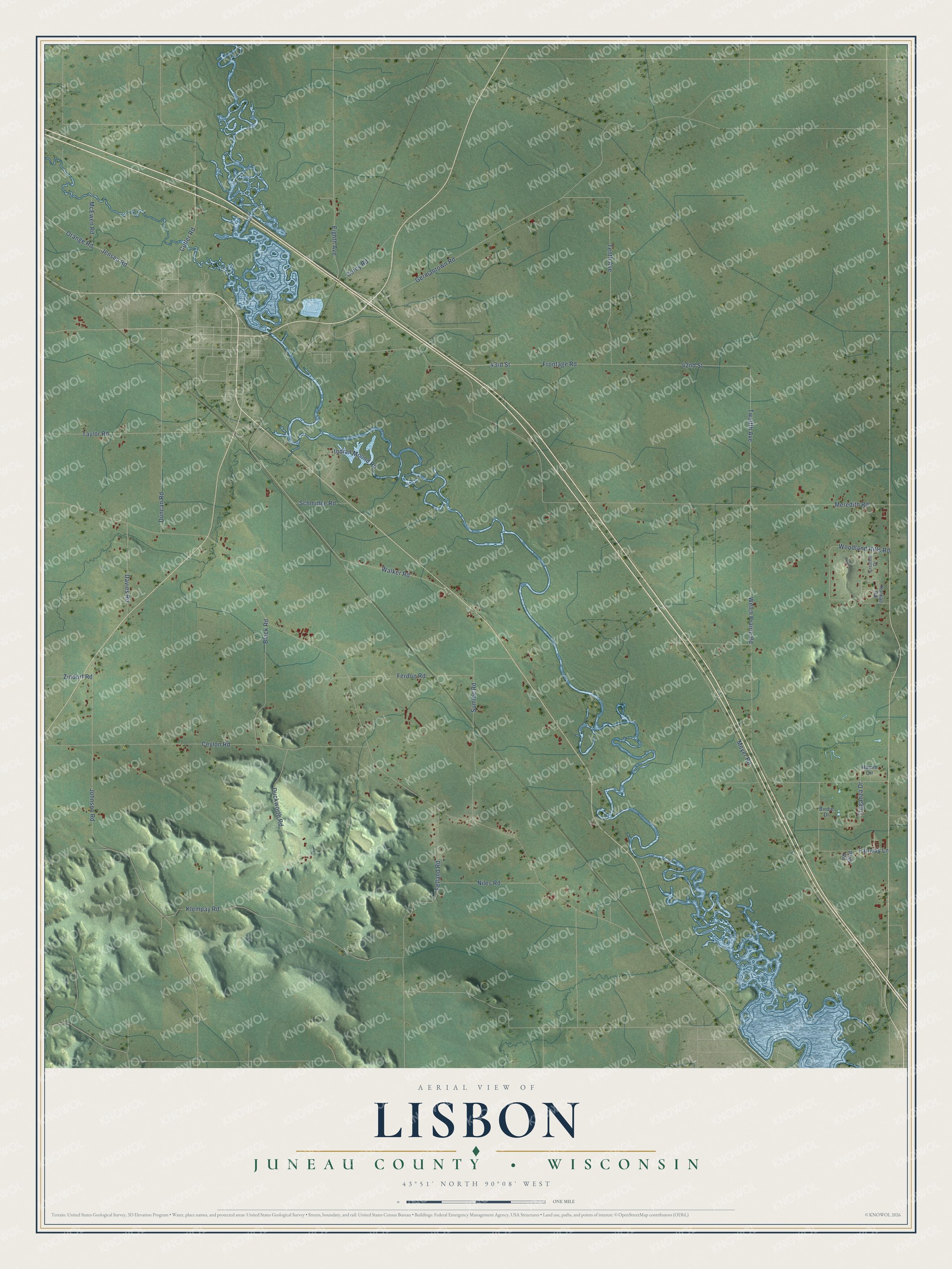 Full map of Lisbon, Wisconsin, with red buildings, printed street names and the land around them