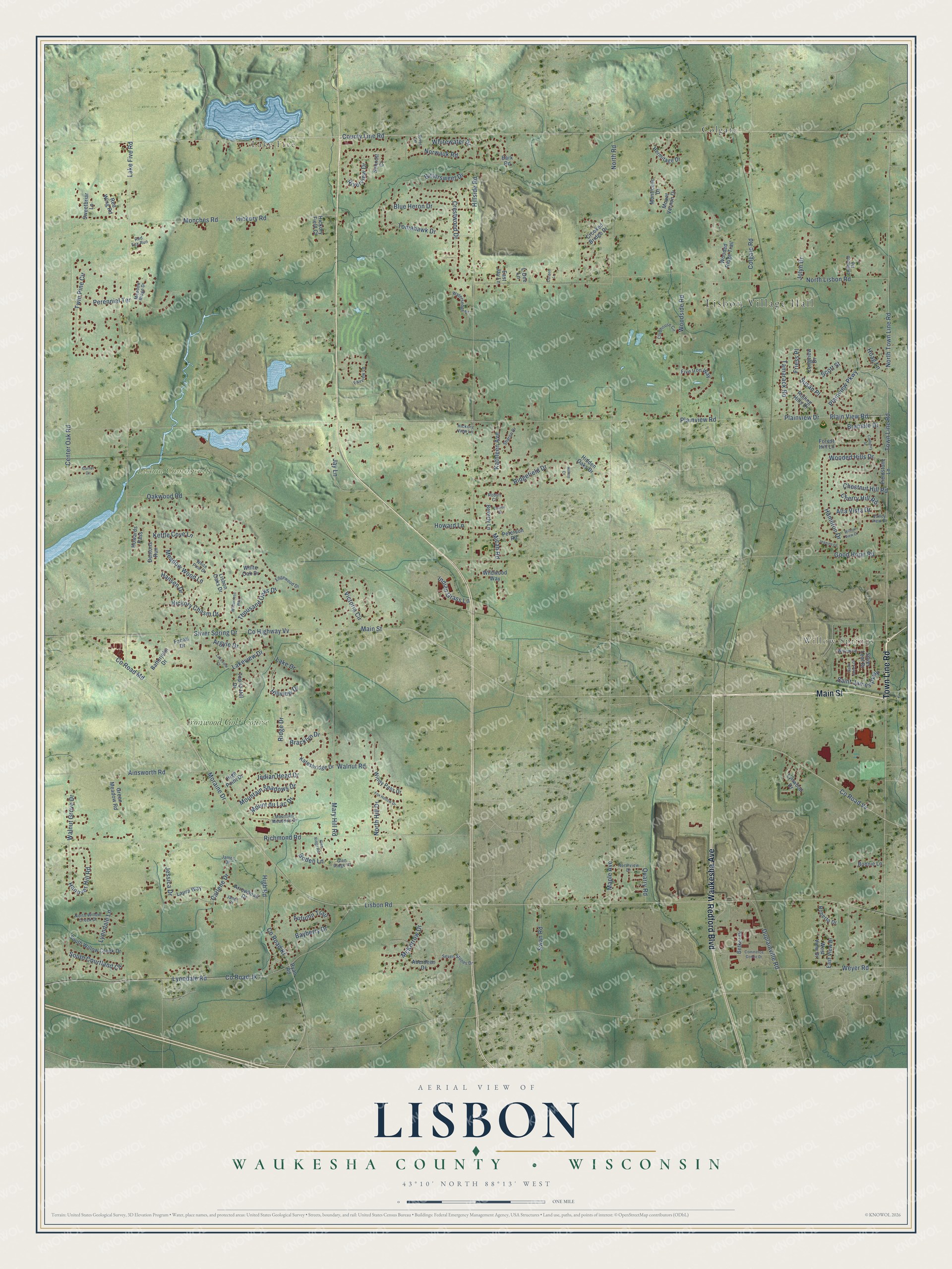 Full map of Lisbon, Wisconsin, with red buildings, printed street names and the land around them