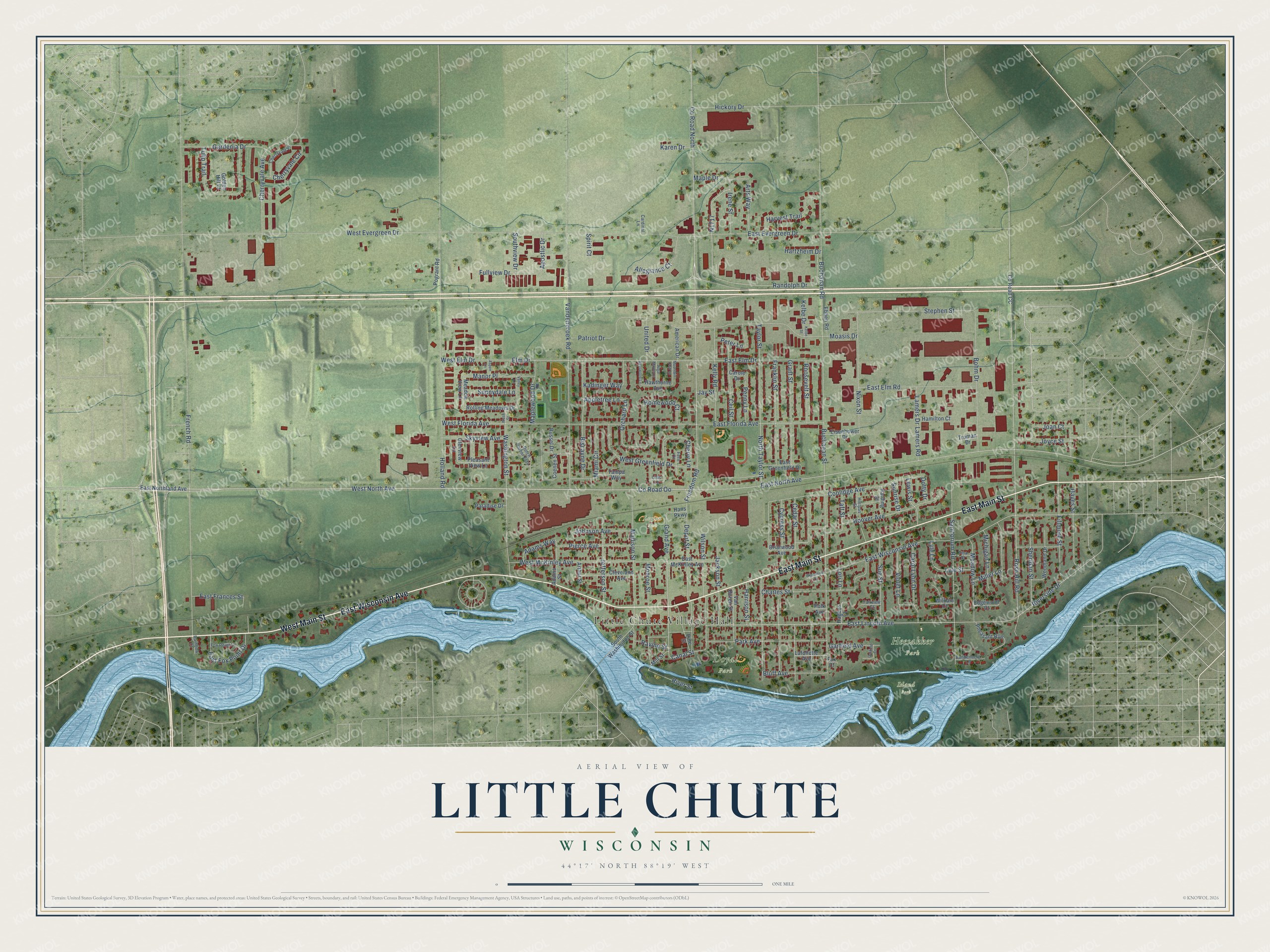 Full map of Little Chute, Wisconsin, with red buildings, printed street names and the land around them