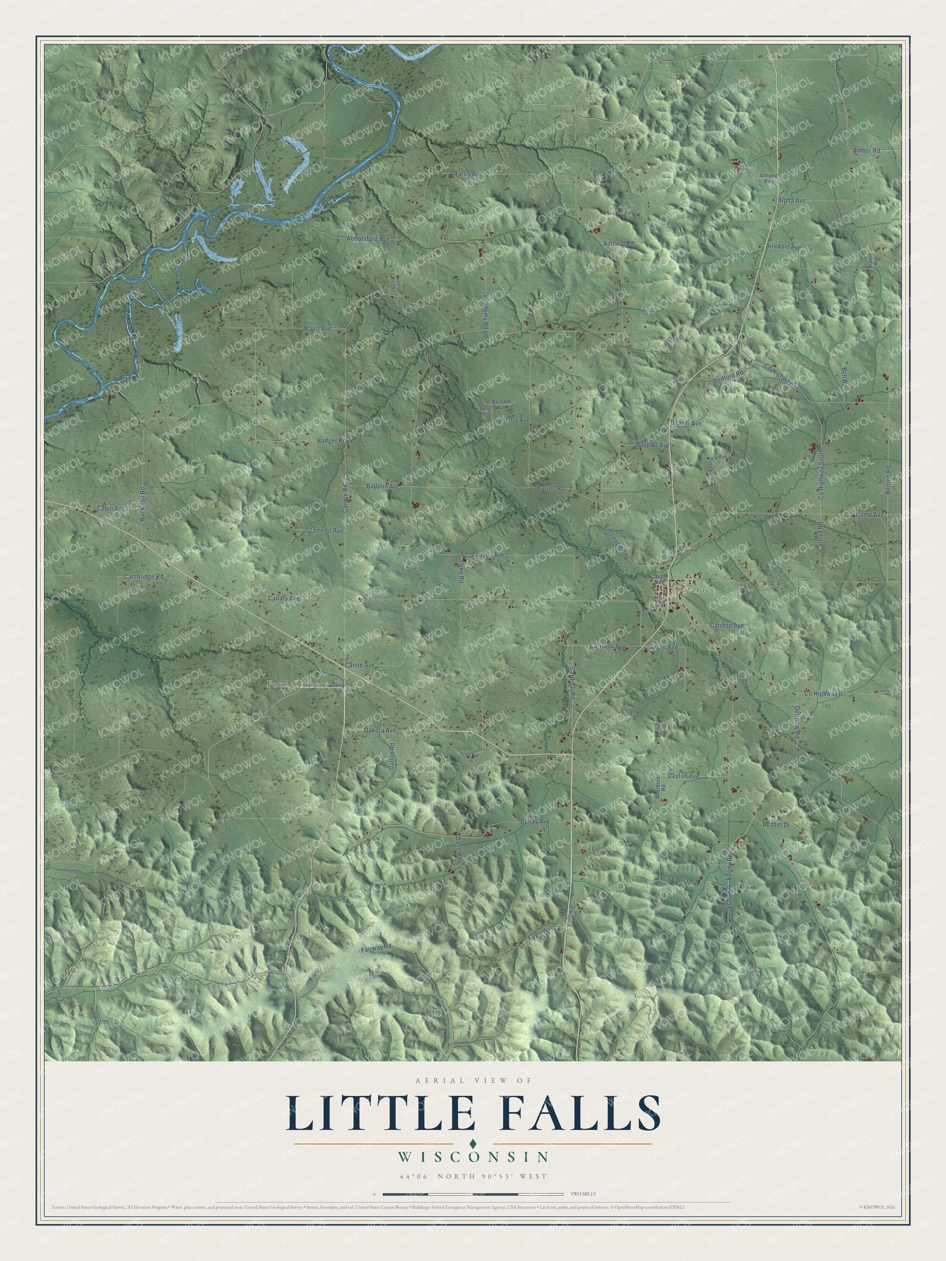 Full map of Little Falls, Wisconsin, with red buildings, printed street names and the land around them