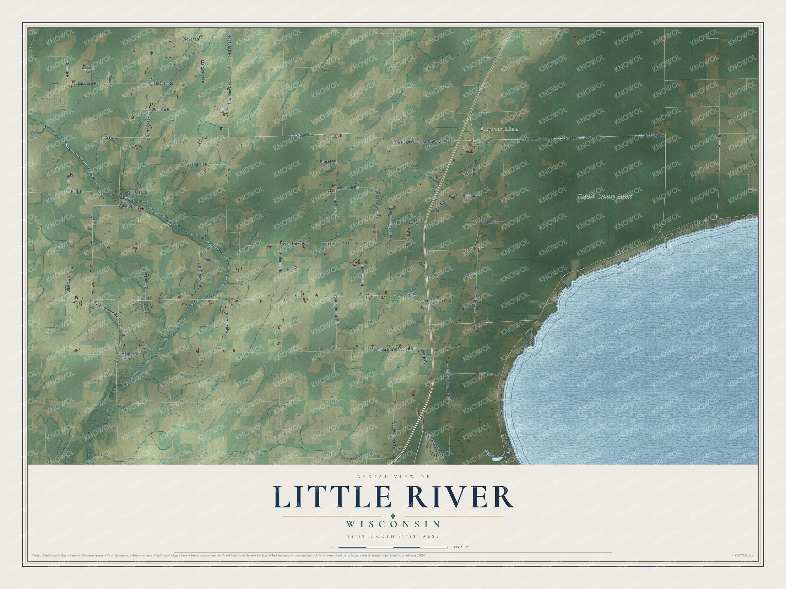 Full map of Little River, Wisconsin, with red buildings, printed street names and the land around them