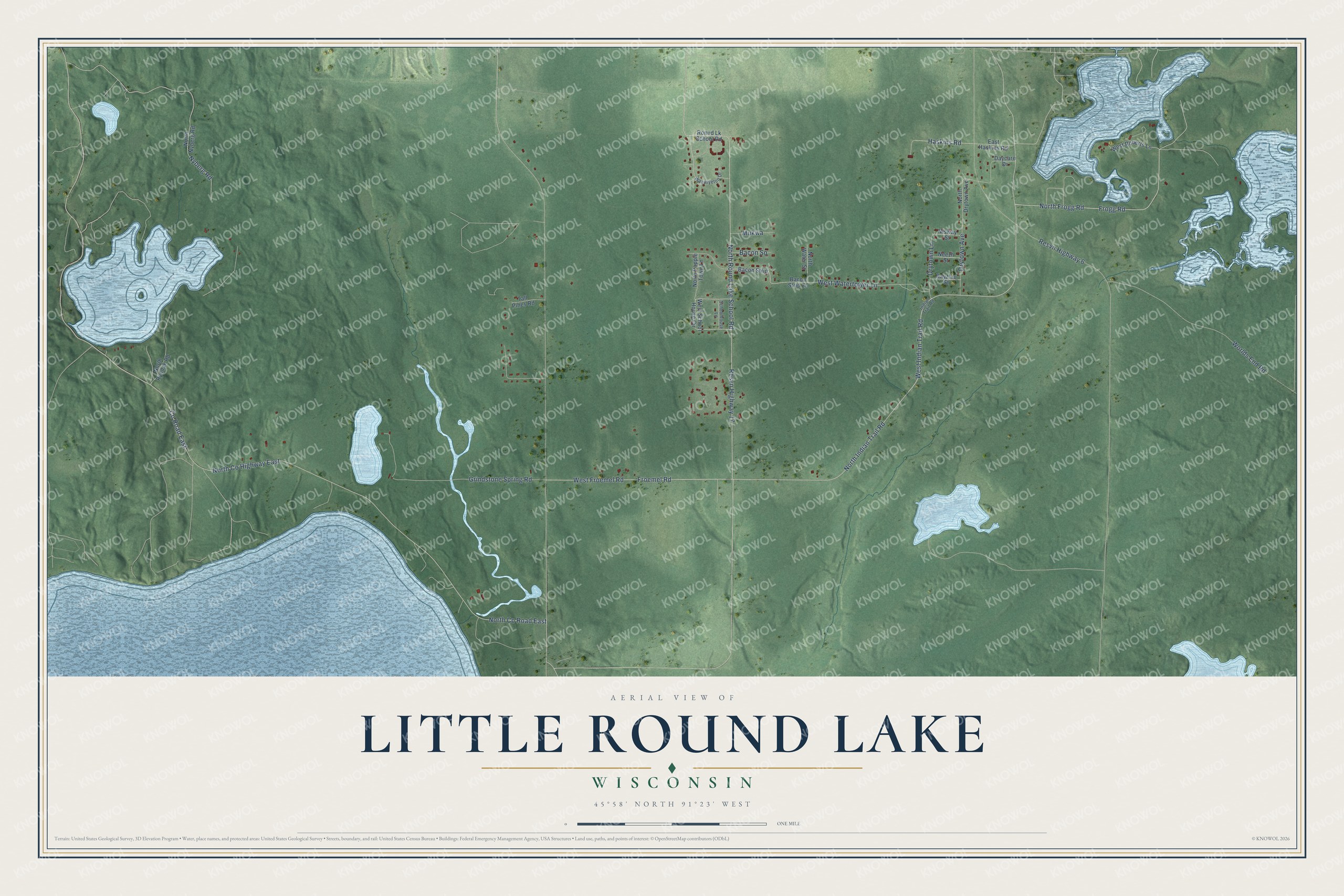 Full map of Little Round Lake, Wisconsin, with red buildings, printed street names and the land around them