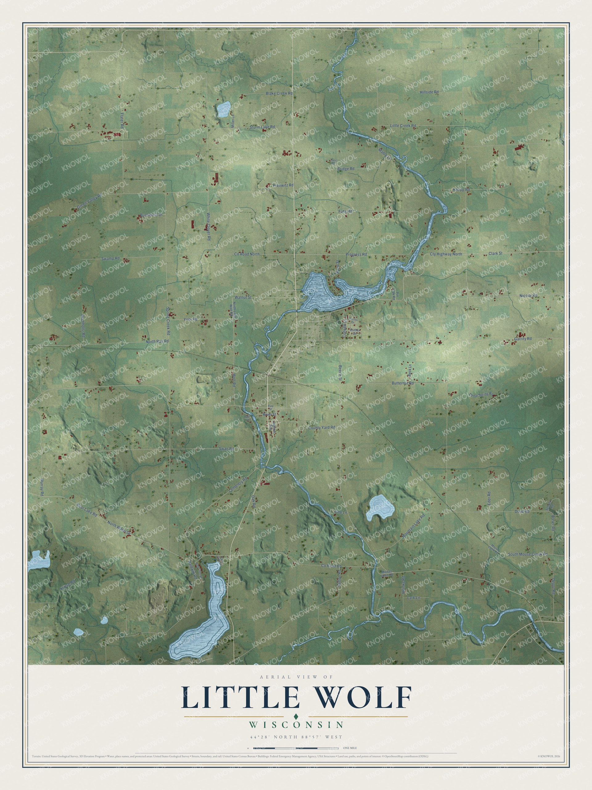 Full map of Little Wolf, Wisconsin, with red buildings, printed street names and the land around them
