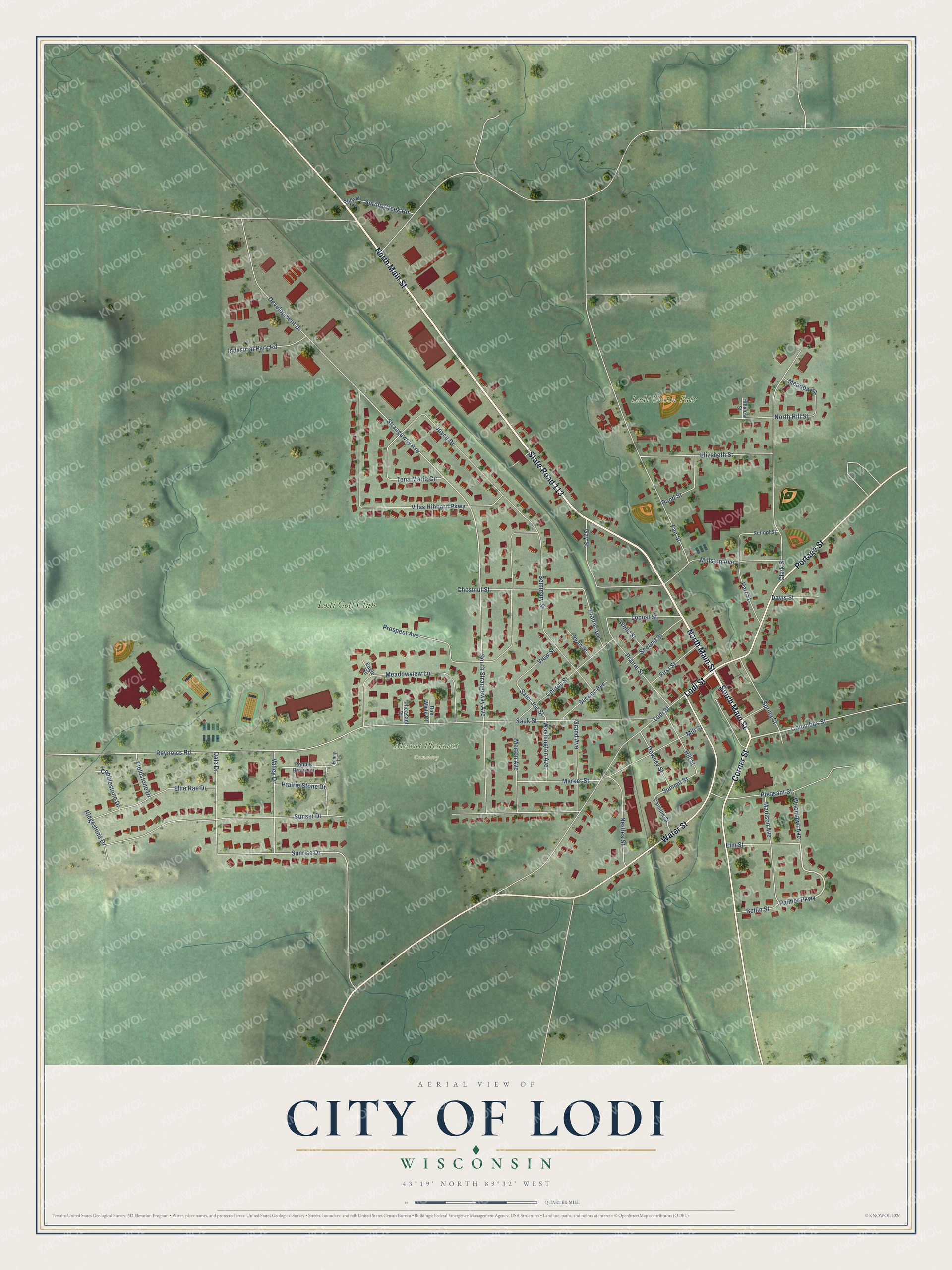 Full map of Lodi, Wisconsin, with red buildings, printed street names and the land around them