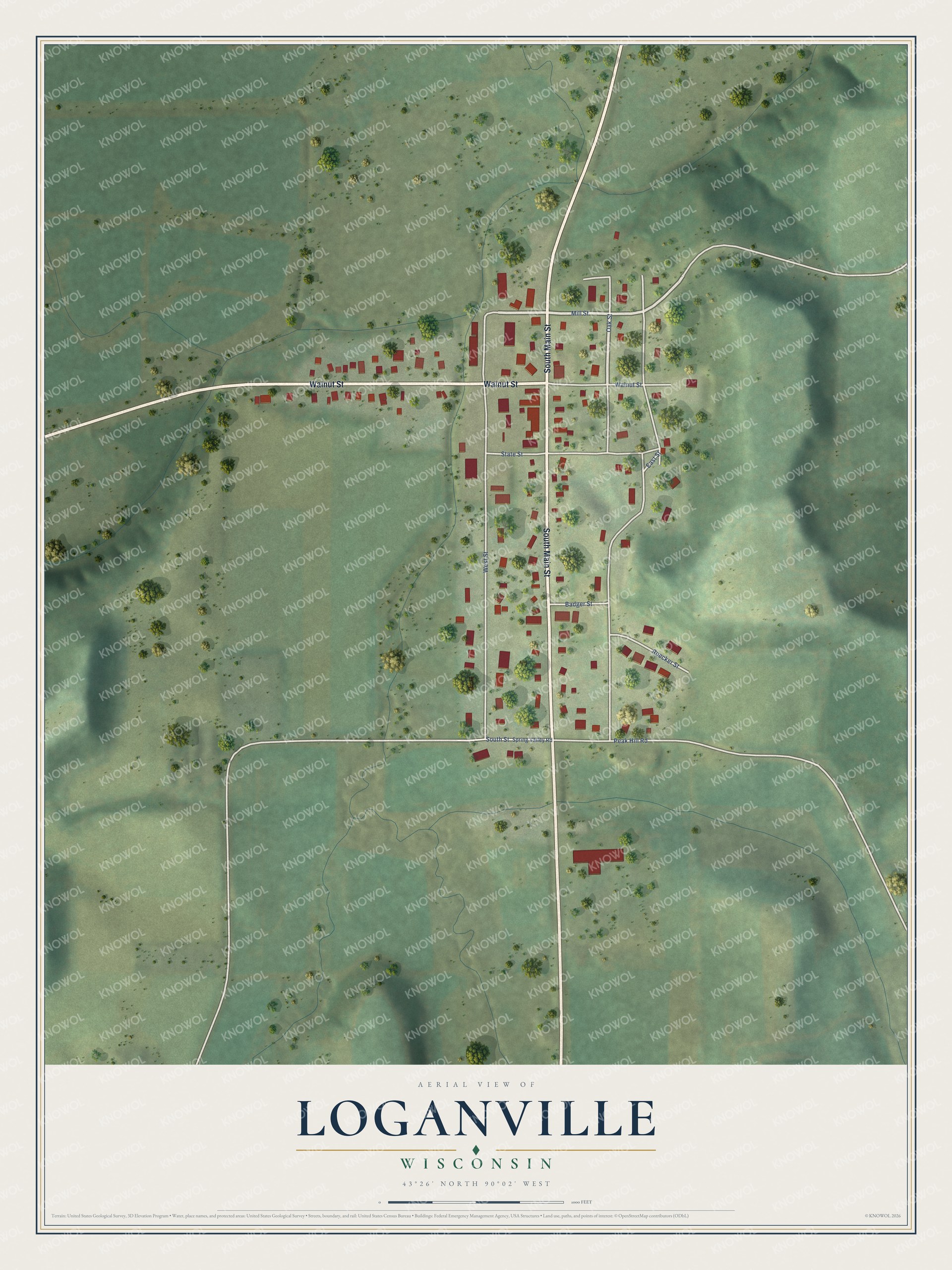 Full map of Loganville, Wisconsin, with red buildings, printed street names and the land around them