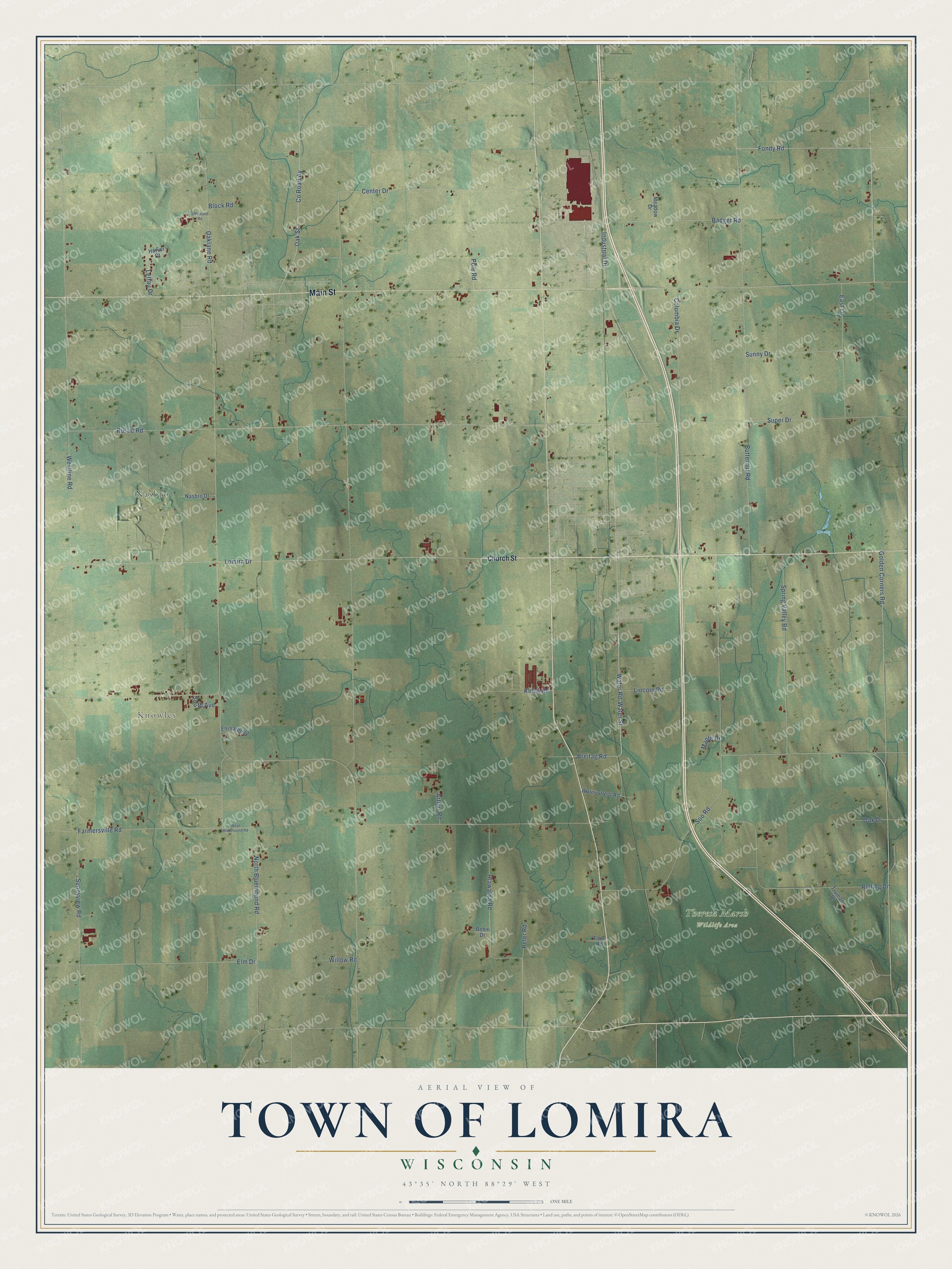 Full map of Lomira, Wisconsin, with red buildings, printed street names and the land around them