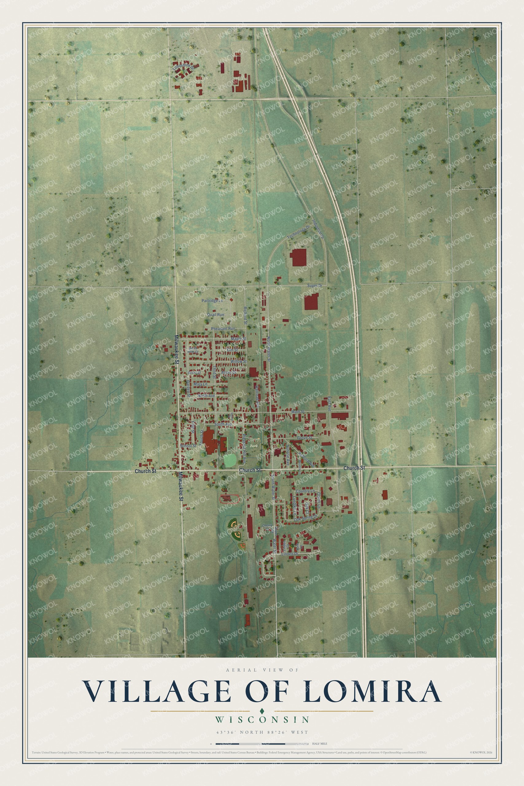 Full map of Lomira, Wisconsin, with red buildings, printed street names and the land around them