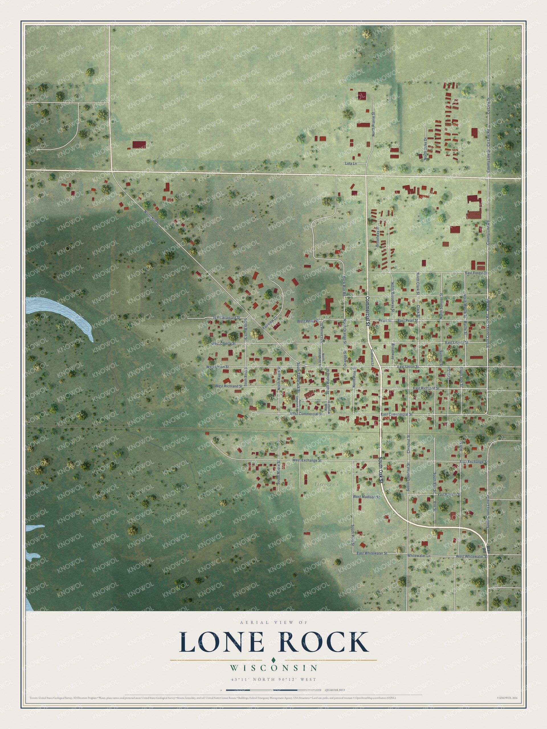 Full map of Lone Rock, Wisconsin, with red buildings, printed street names and the land around them