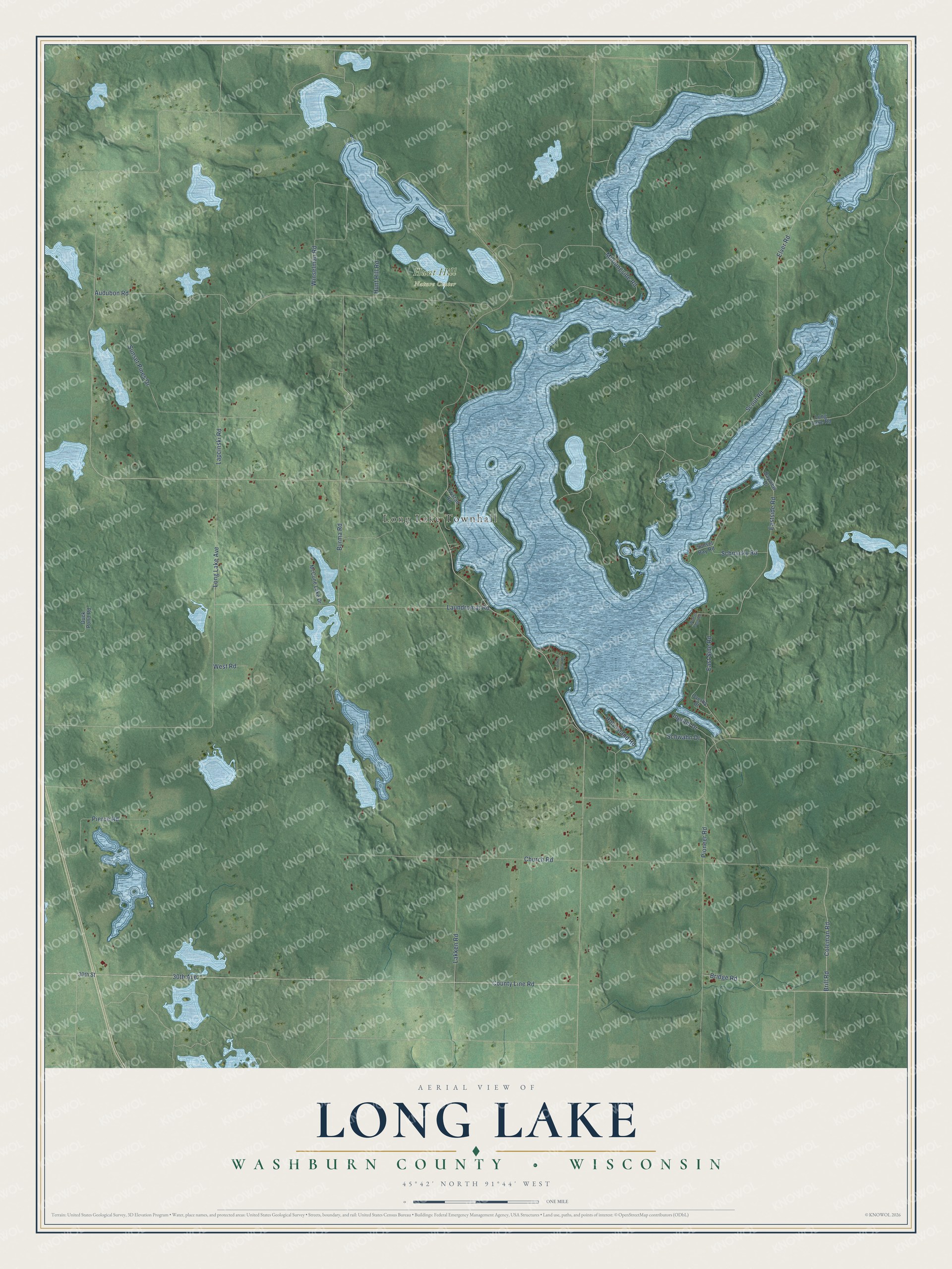 Full map of Long Lake, Wisconsin, with red buildings, printed street names and the land around them