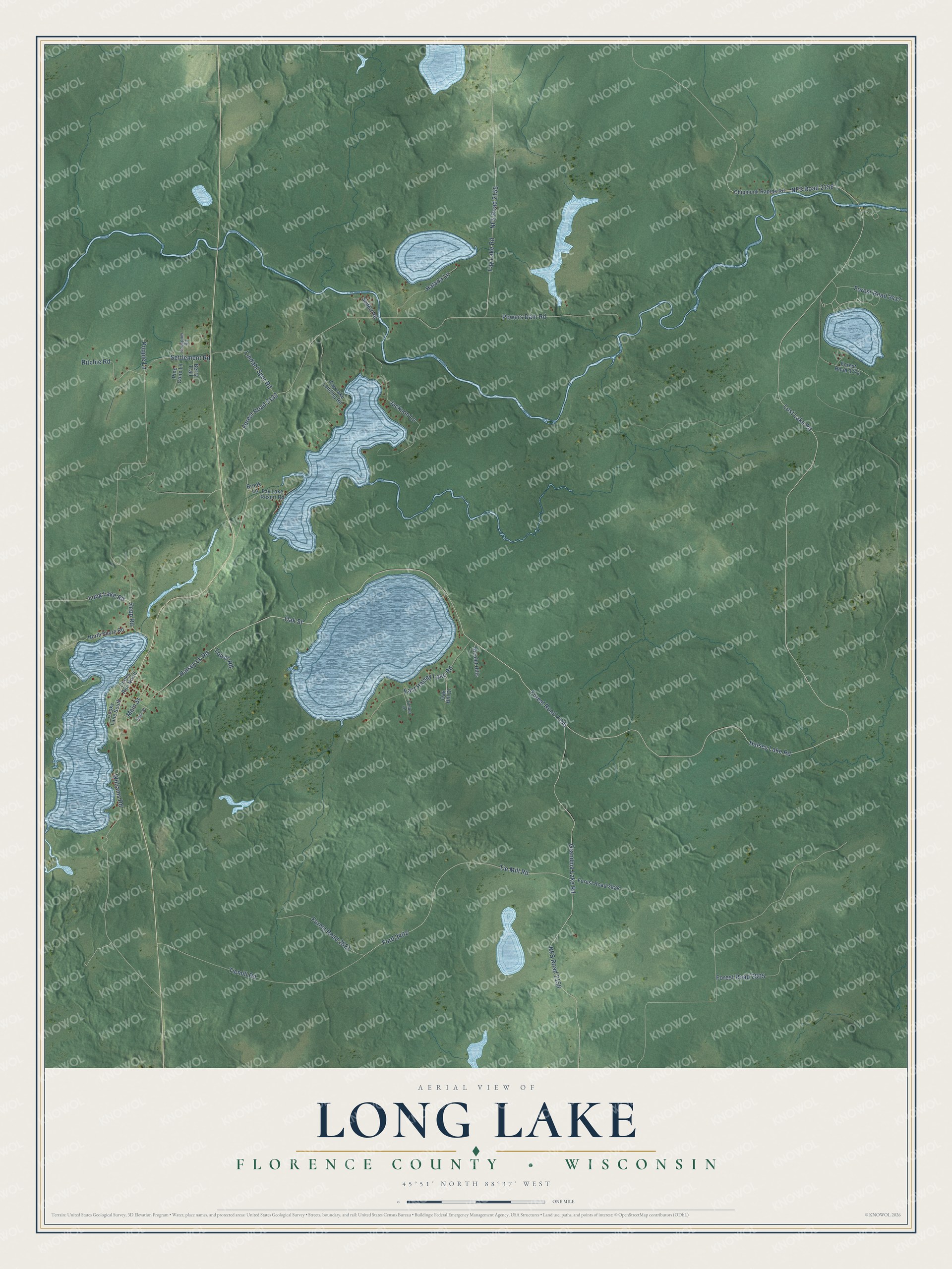 Full map of Long Lake, Wisconsin, with red buildings, printed street names and the land around them